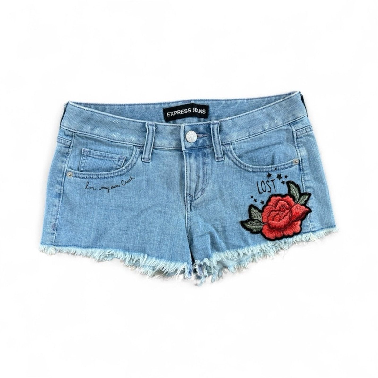 Express Express Light Blue Jean Shorts with Red Floral Embroidery Size 26" / US 2 / IT 38 - 1 Thumbnail