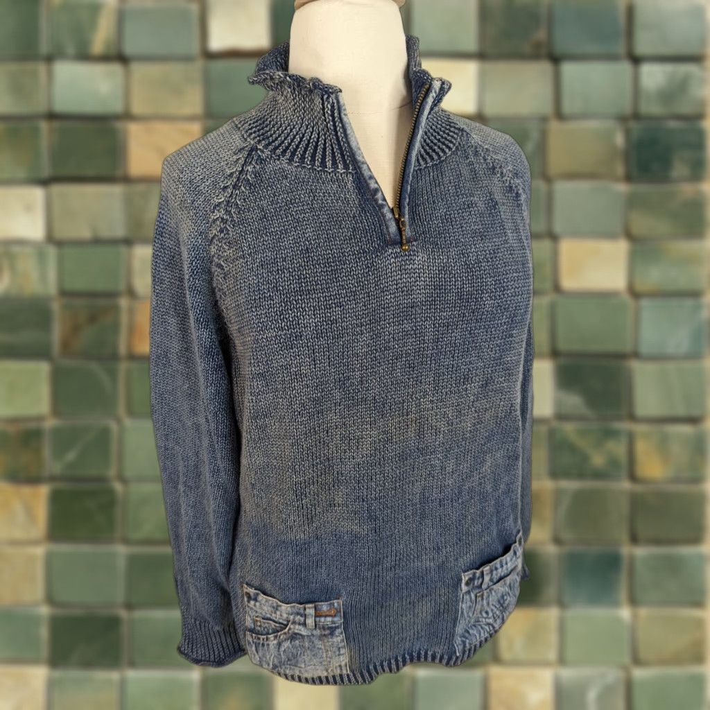 Denime VINTAGE Women's 90s Mock Neck 1/4 Zip Pullover Sweater Blue Denim Pocket 3XL S10 Size XXL / US 16-18 / IT 52-54 - 1 Thumbnail