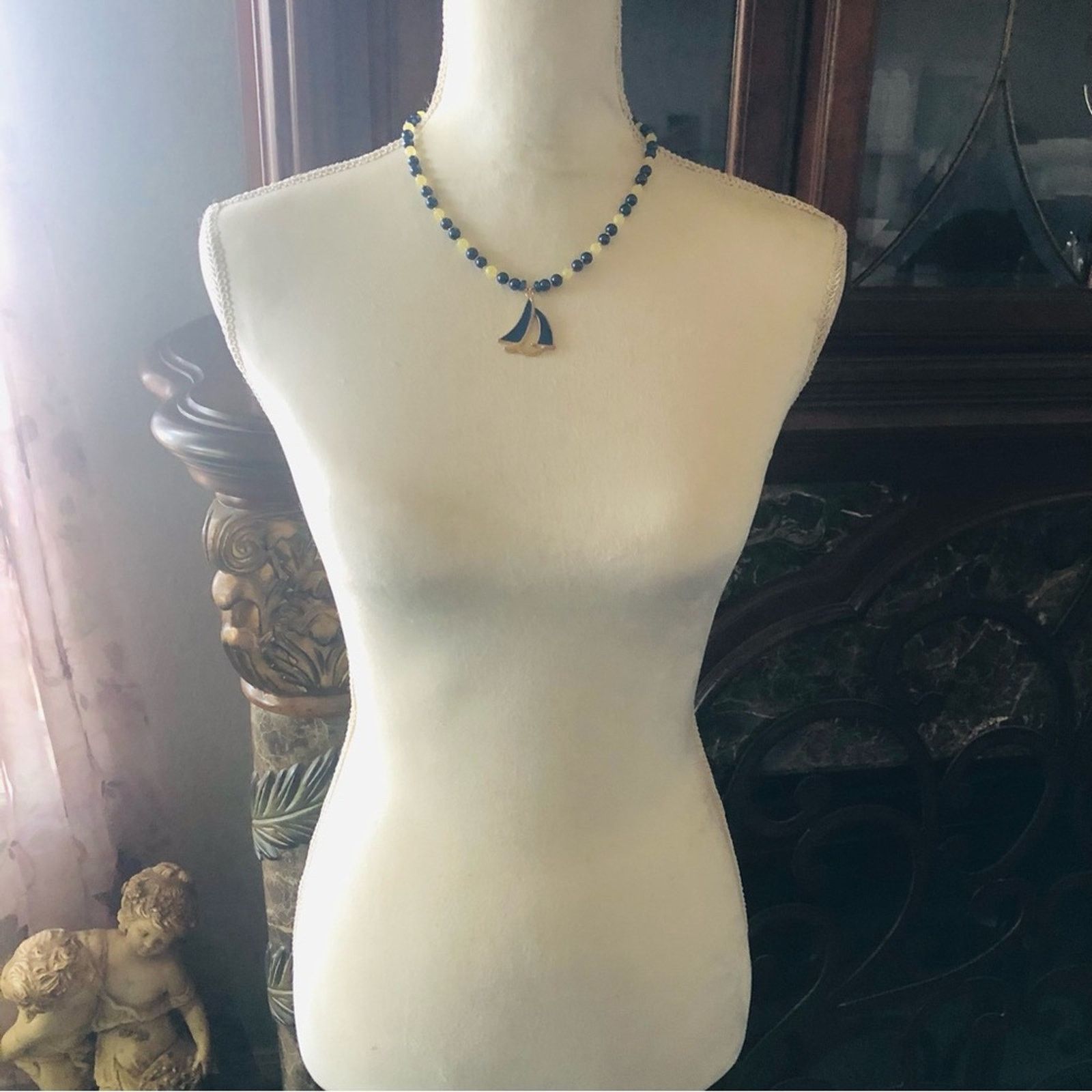 Handmade Handcrafted repurpose royal blue sailboat Pearl necklac Size ONE SIZE - 6 Thumbnail