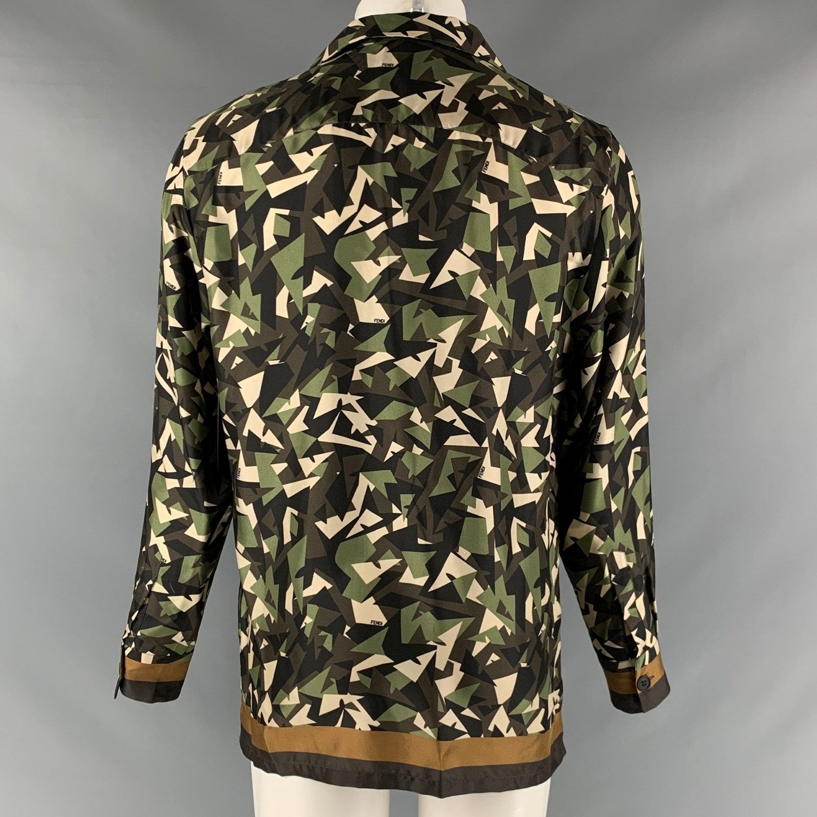 Fendi M Green Brown Abstract Silk Button Up Long Sleeve Shirt Size US M / EU 48-50 / 2 - 4 Thumbnail