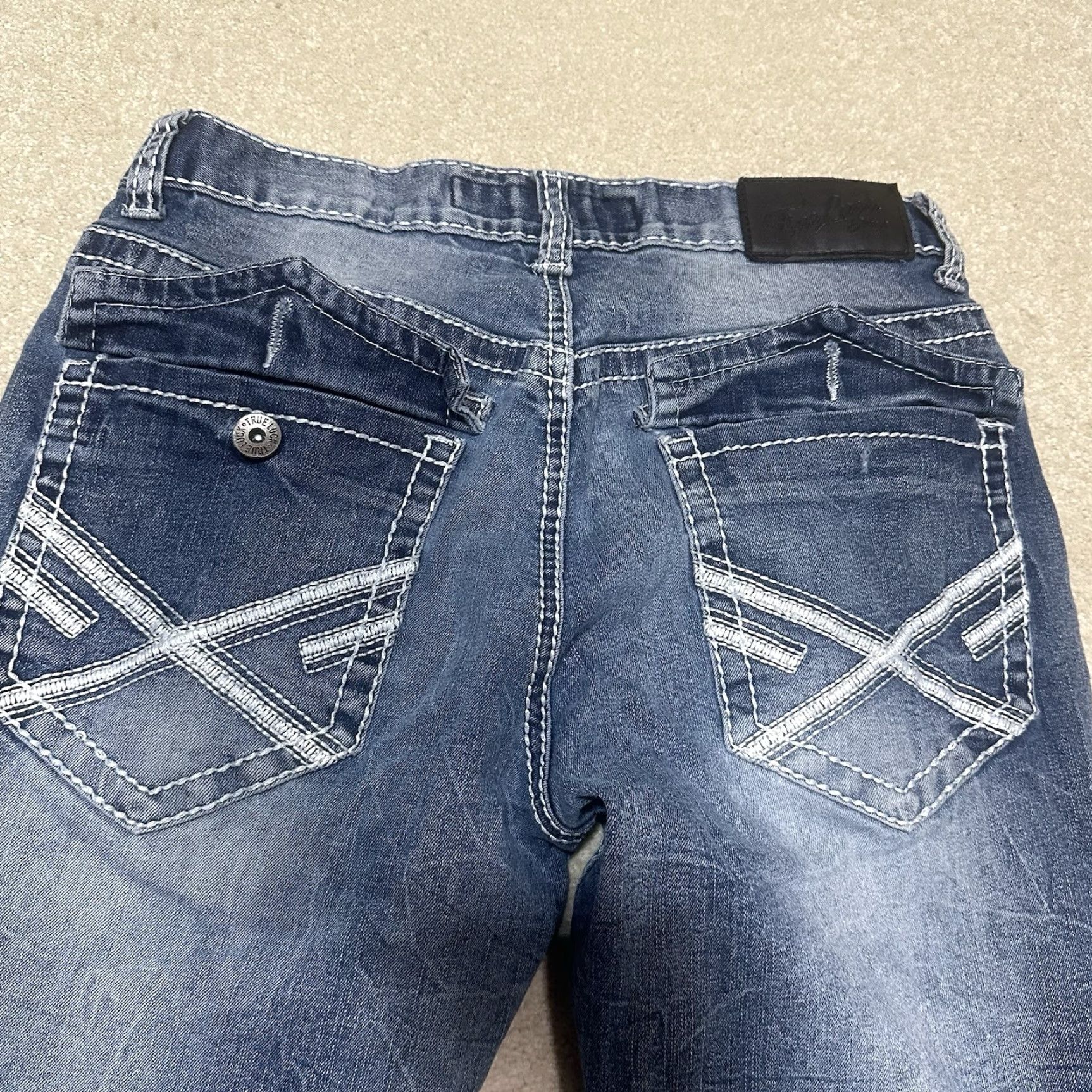 Vintage True Luck Jeans Mens 30X32 Straight Blue Stretch Denim 5-Pocket Regular Rise Distressed Cowboy Logo USA Size US 30 / EU 46 - 4 Thumbnail