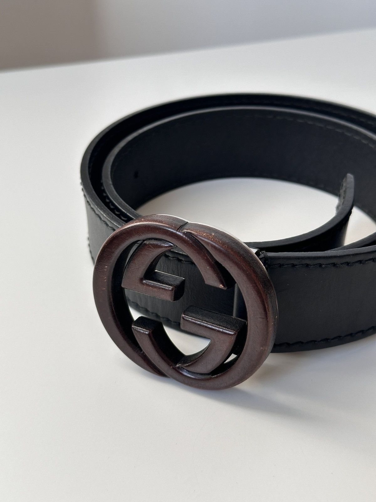 Gucci GUCCI Wooden Brown Buckle Leather Double GG Belt Size: 85/34 Size 30 - 15 Thumbnail