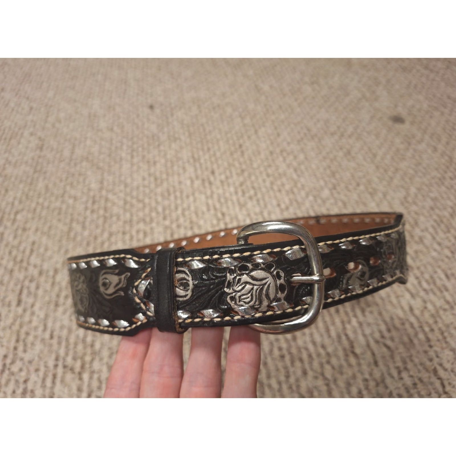 Vintage VINTAGE Western Belt Brazos Joe Belts 32 Black Leather Floral Cowboy Personalize Yes Men Belt 90s Size 32 - 2 Thumbnail