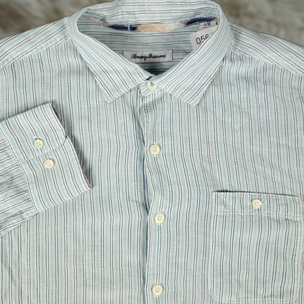 Tommy Bahama Tommy Bahama Shirt Mens Large Blue Striped Linen Blend Button Up Long Sleeve Size US L / EU 52-54 / 3 - 1 Thumbnail