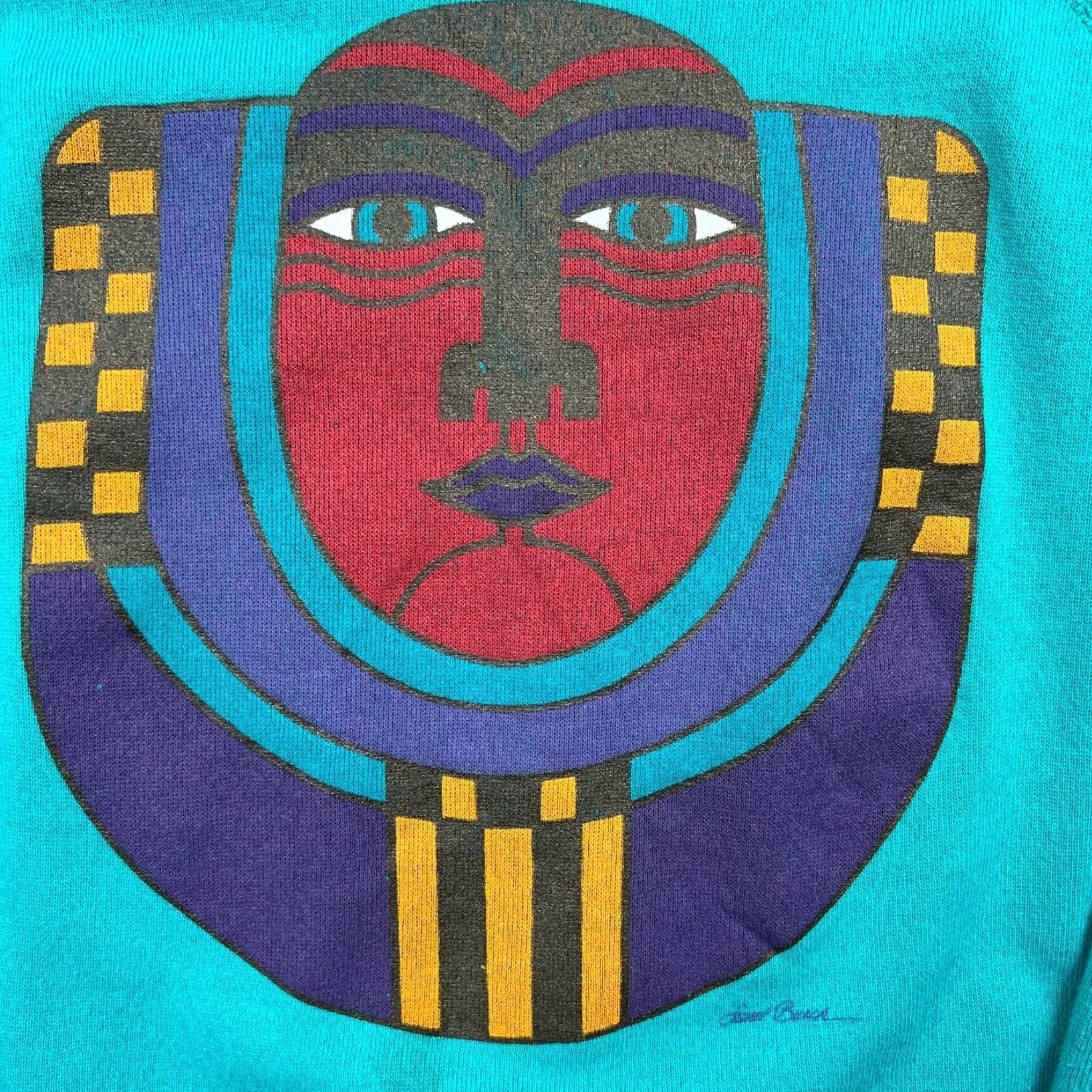 Hanes VINTAGE Laurel Burch Rising Sun Face Art Abstract Raglan Sweatshirt Men L Teal 80s Size US L / EU 52-54 / 3 - 2 Thumbnail