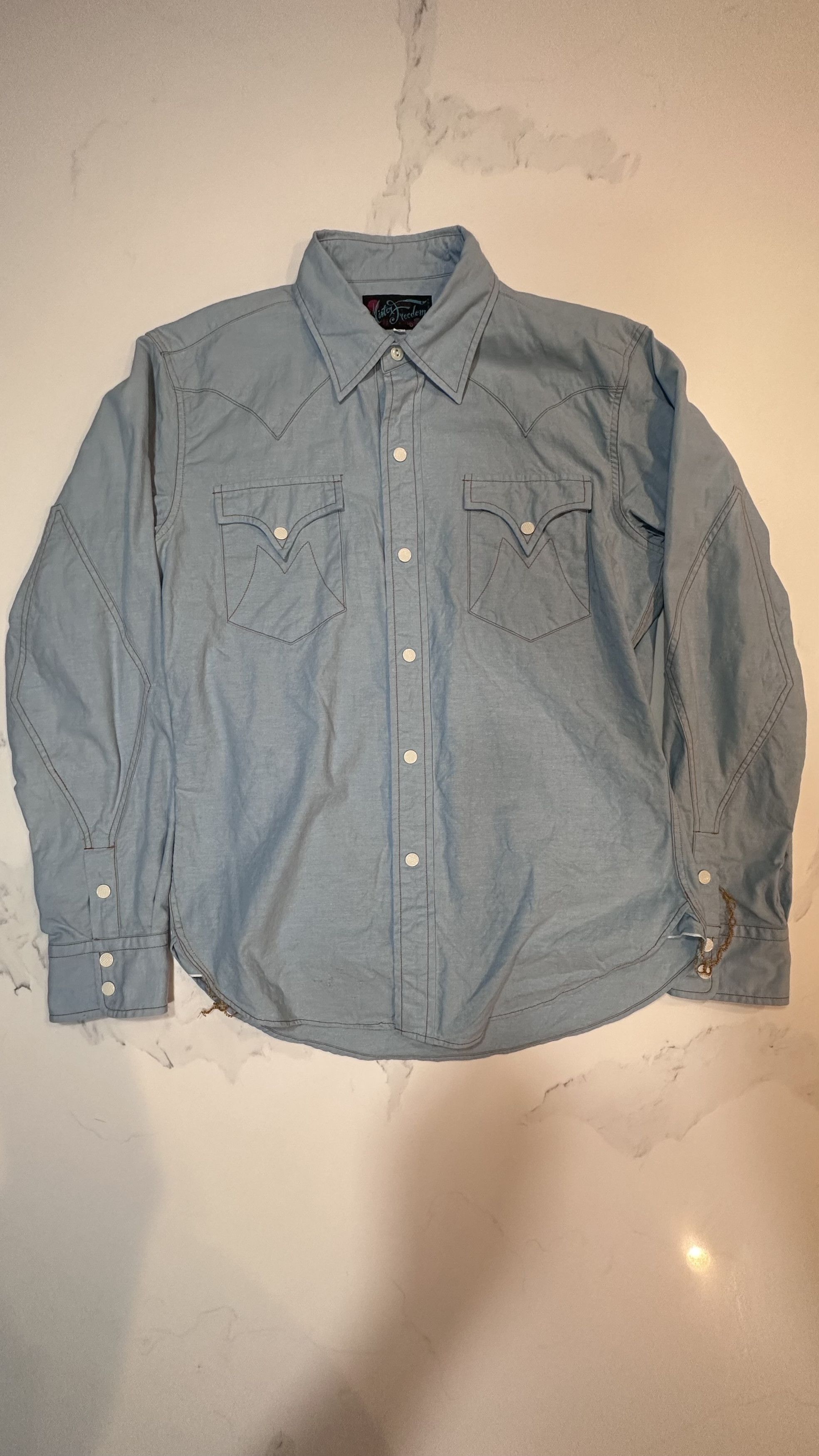 image of Mister Freedom Dude Rancher Vat Dyed Chambray Shirt Small in Blue, Men's