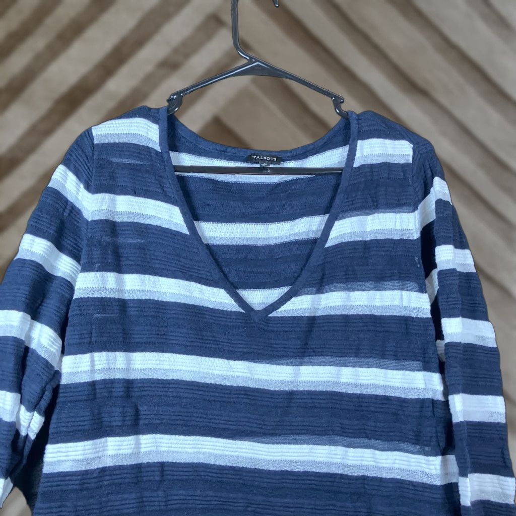 Talbots Talbots Womens Dress Navy Blue V Neck Striped Tunic Casual Pocket Stretch Large Size L / US 10 / IT 46 - 1 Thumbnail
