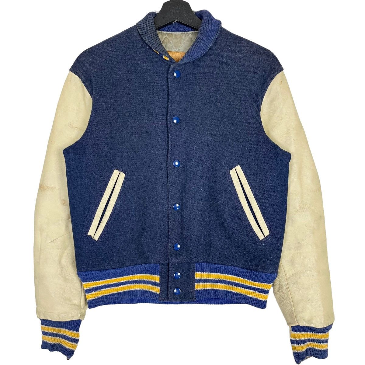 image of Vintage Golden Bear Leather Sleeve Varsity Jacket in Beige Navy, Men's (Size XS)