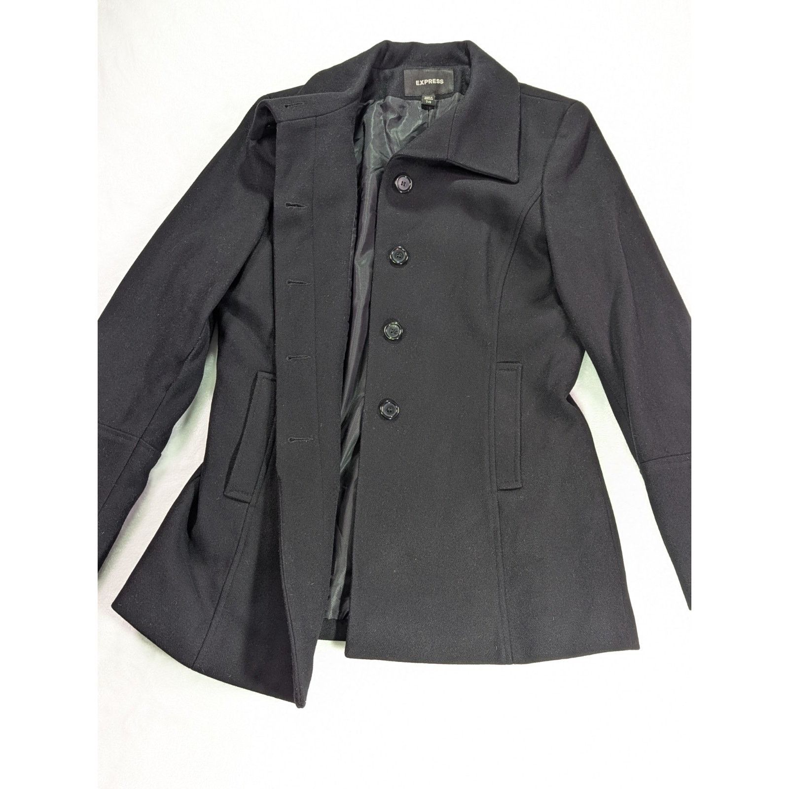 Express Size 7/8 Black Wool Coat Hidden Button Placket VTG Y2K Size M / US 6-8 / IT 42-44 - 6 Thumbnail