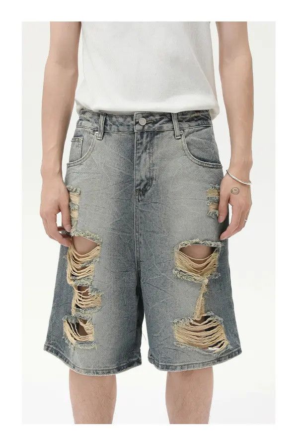 Japanese Brand Jun Men's retro distressed straight punk washed denim shorts Size US 32 / EU 48 - 4 Thumbnail