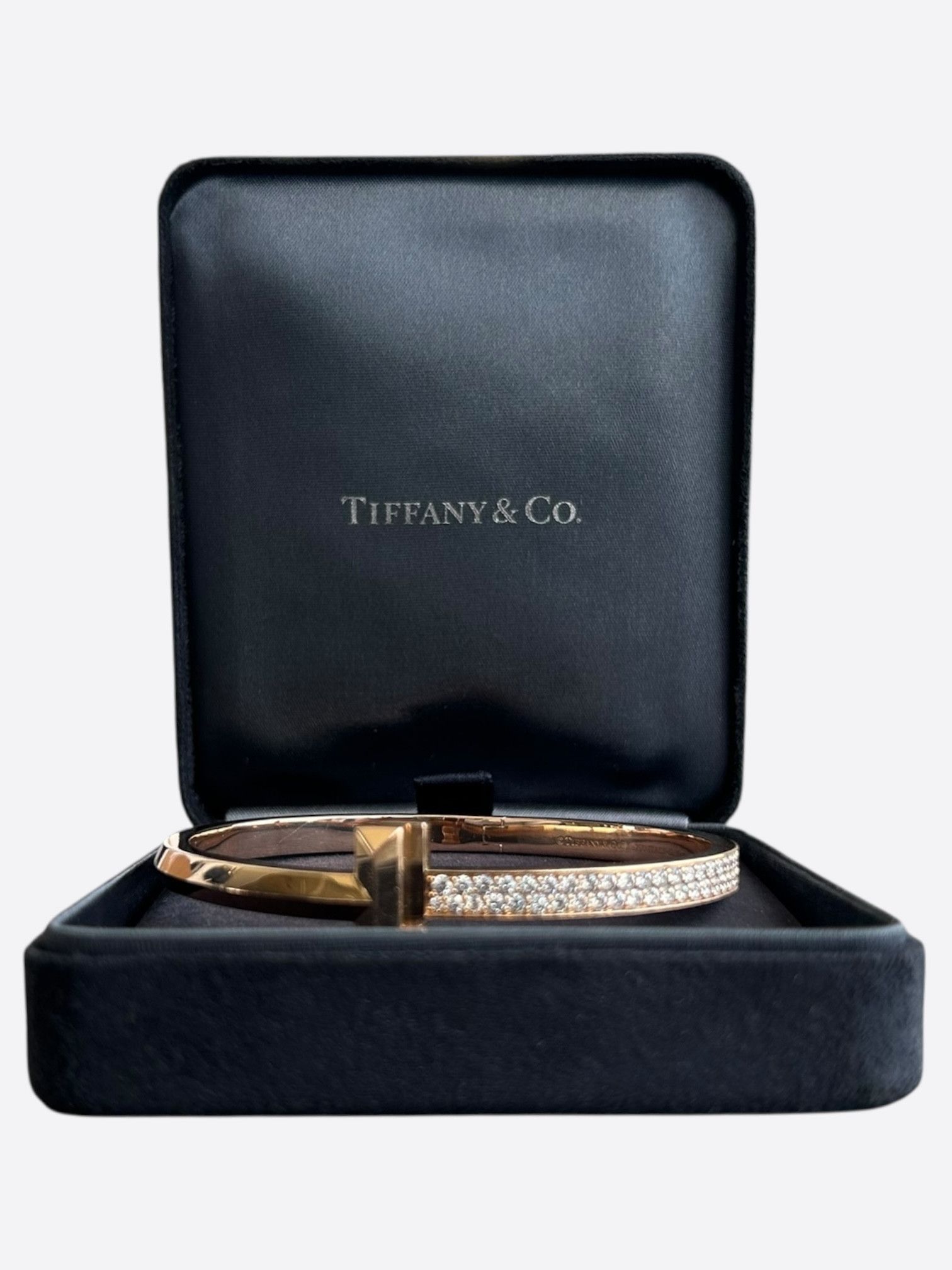 Tiffany & Co. 18K Rose Gold Diamond T1 Wide Hinged Bangle Bracelet Size ONE SIZE - 1 Thumbnail