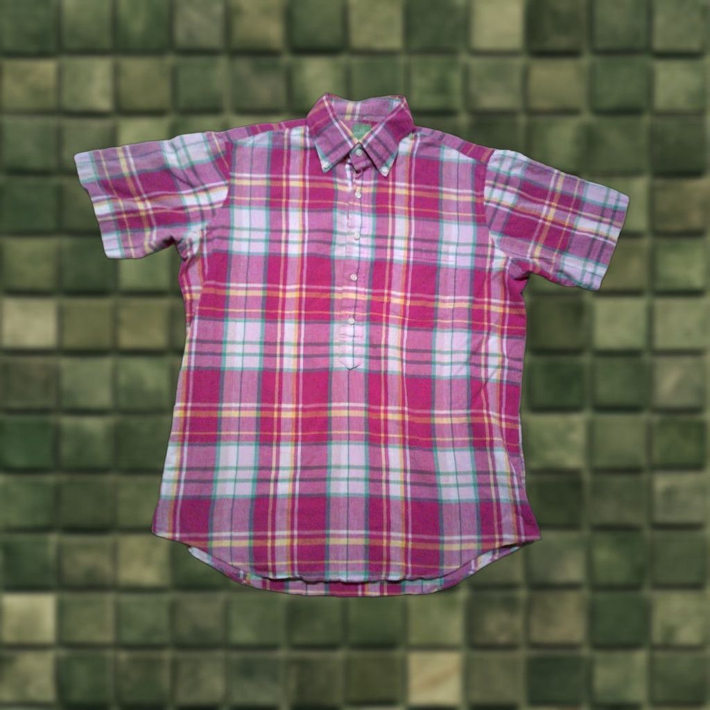 Sid Mashburn Popover Shirt Mens Medium Pink Plaid Shirt Button-Up Short Sleeve Cotton Regular Button-Down Classic Preppy USA Mens