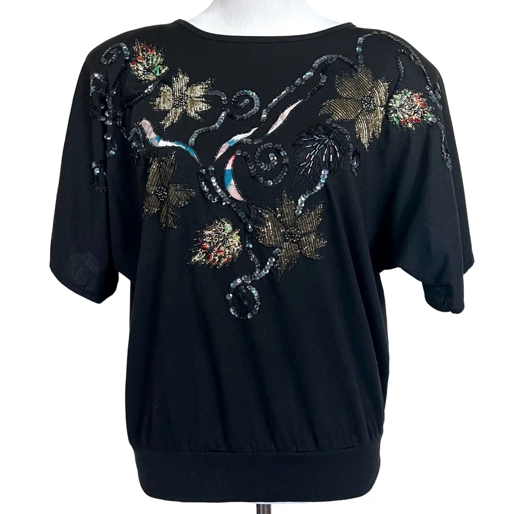 Vintage VINTAGE UNO & UNA Blouse Shirt Womens 90s Beaded Sequin Shoulder Pads Black Sz L Size L / US 10 / IT 46 - 2 Thumbnail