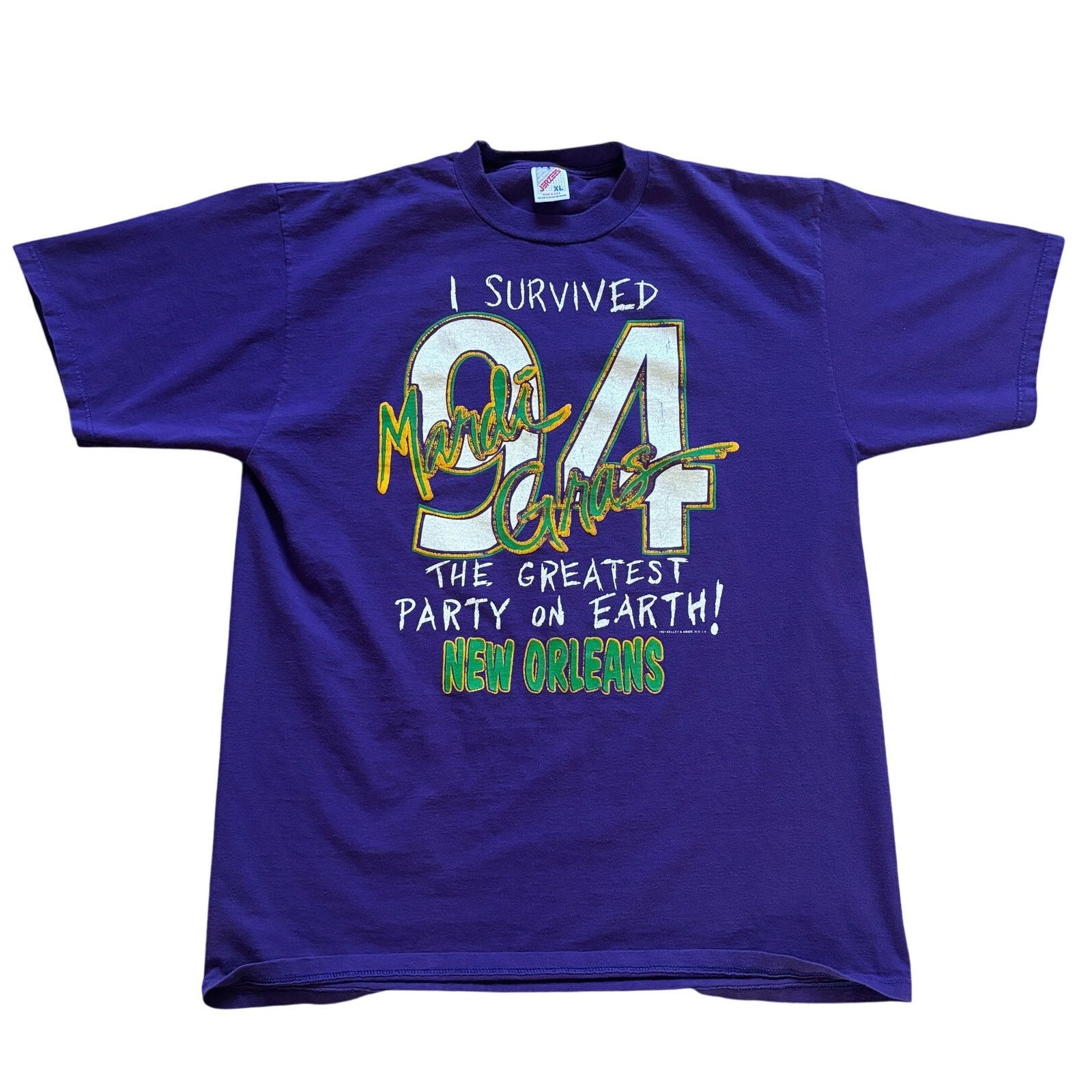 Jerzees Vintage 1994 "I Survived Mardi Gras" purple Tshirt XL 90s Size US XL / EU 56 / 4 - 1 Thumbnail