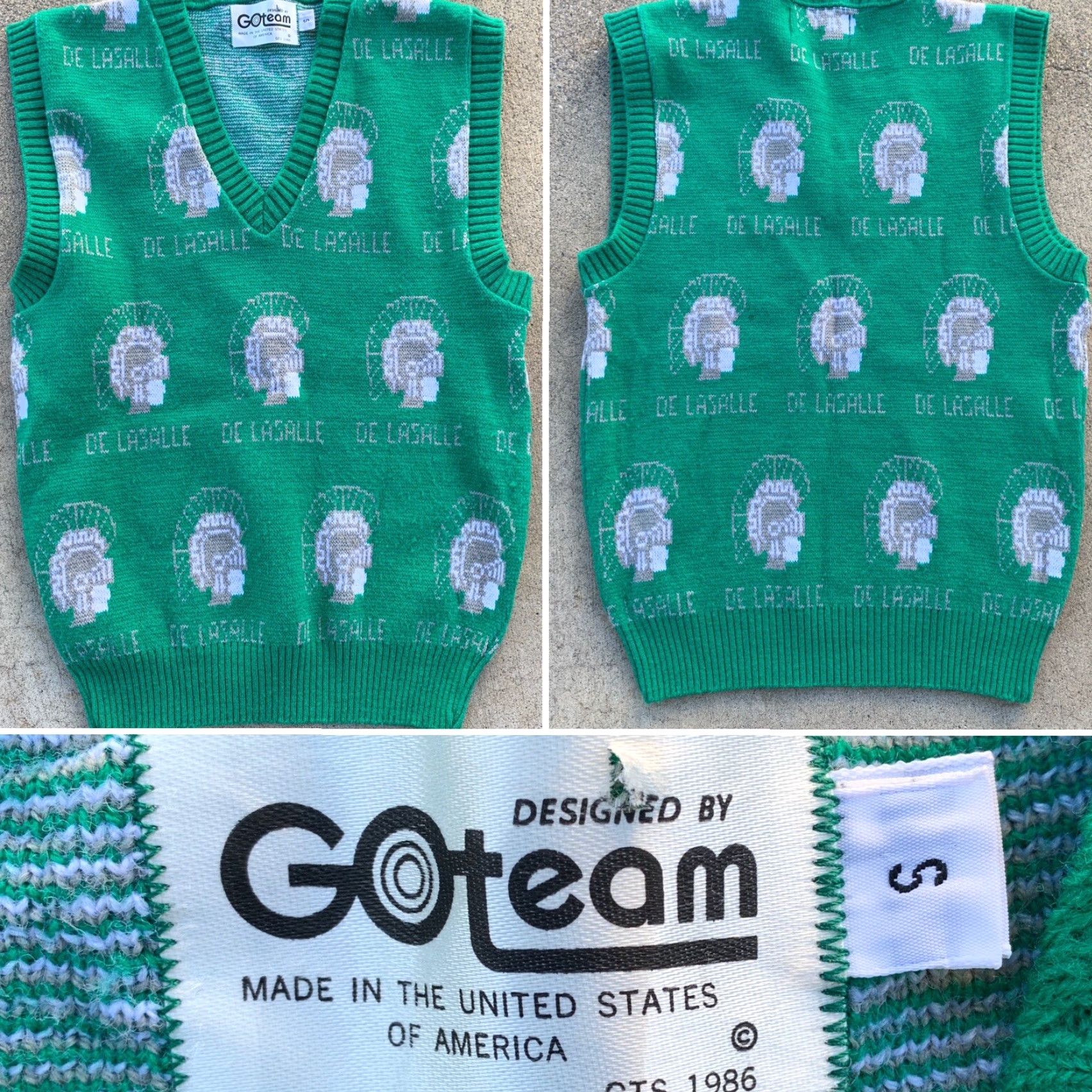 Vintage VINTAGE GOteam De La Salle All Over Print Sweater Vest Sleeveless V Neck 80s Green S Mens Size US S / EU 44-46 / 1 - 2 Thumbnail