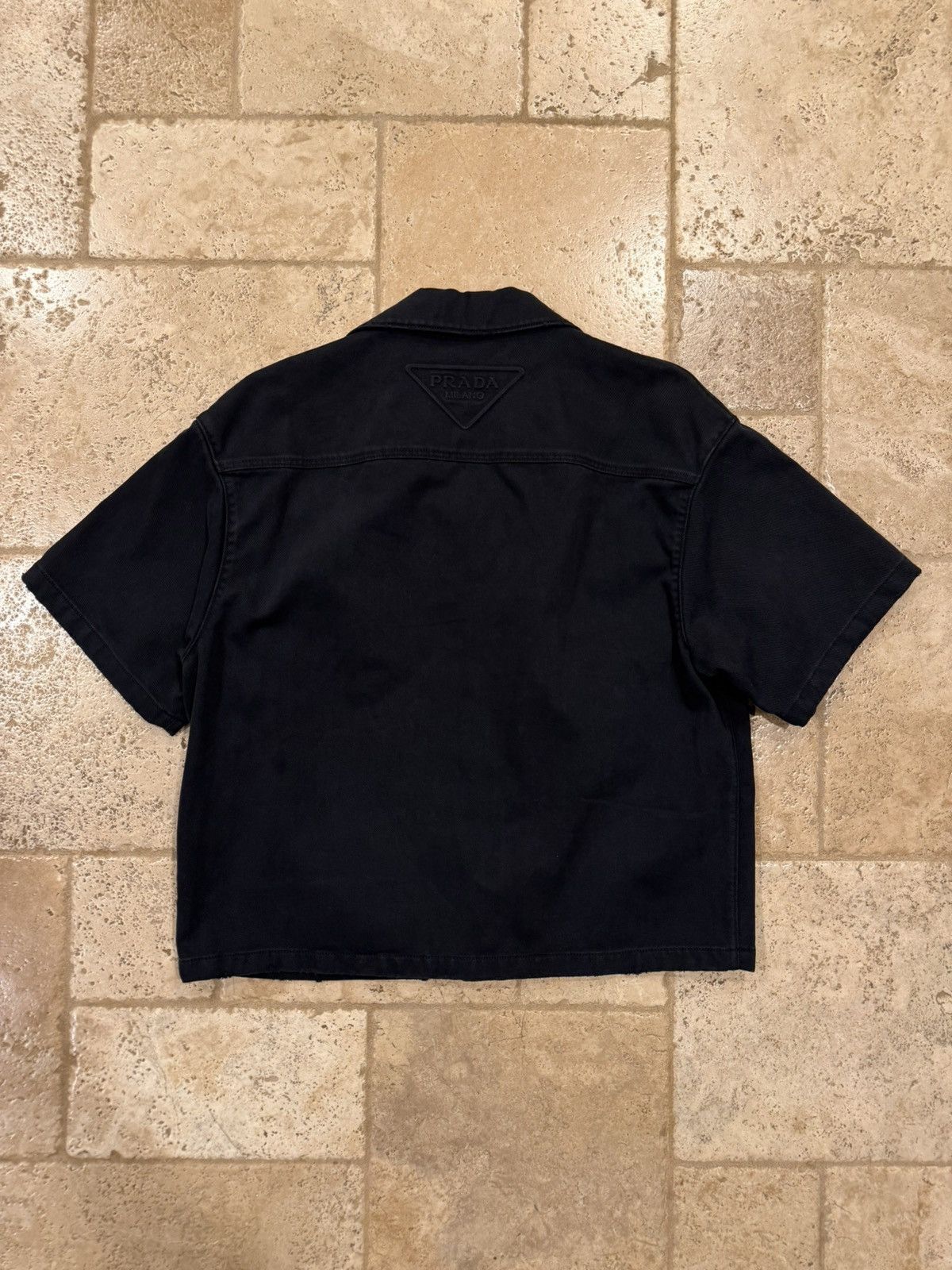 Prada Prada Black Denim Distressed Back Logo Button Bowling Shirt Size US M / EU 48-50 / 2 - 20 Thumbnail