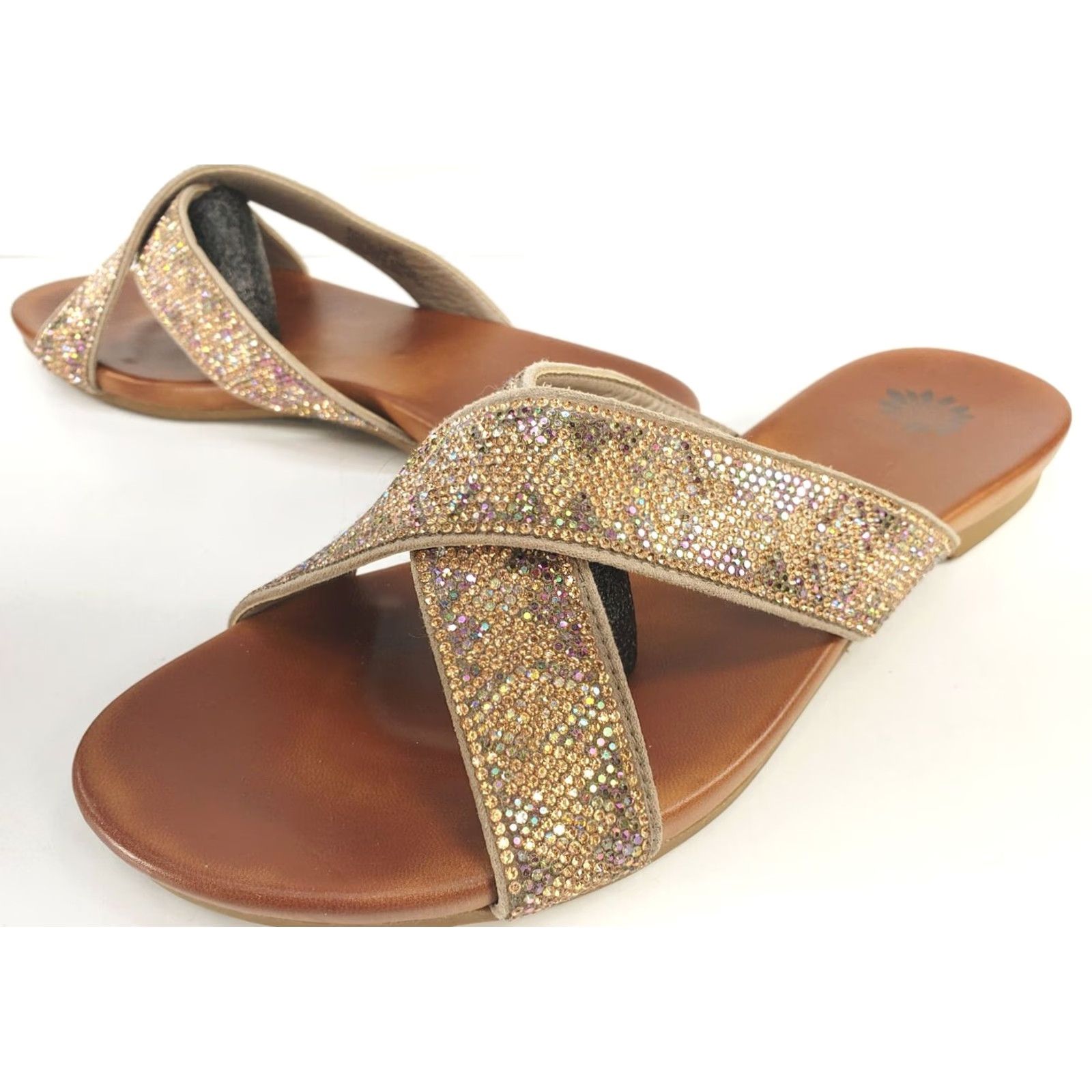 Vintage Yellow Box Bali Womens Slides 7.5 Gold Rhinestone Blingy X-Cross Front Shoes Womens Medium Gold Rhinestone Blingy X-Cross Front Size US 8 / IT 38 - 2 Thumbnail