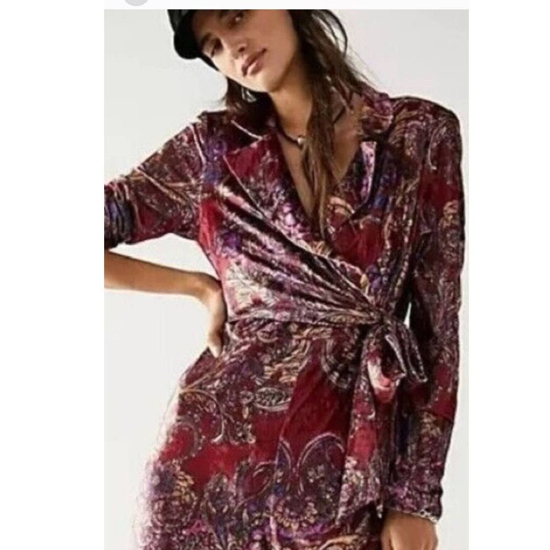 Free People New Delphine Velvet Paisley Floral Jumpsuit $178 MEDIUM Wine Size 32" / US 10 / IT 46 - 3 Thumbnail