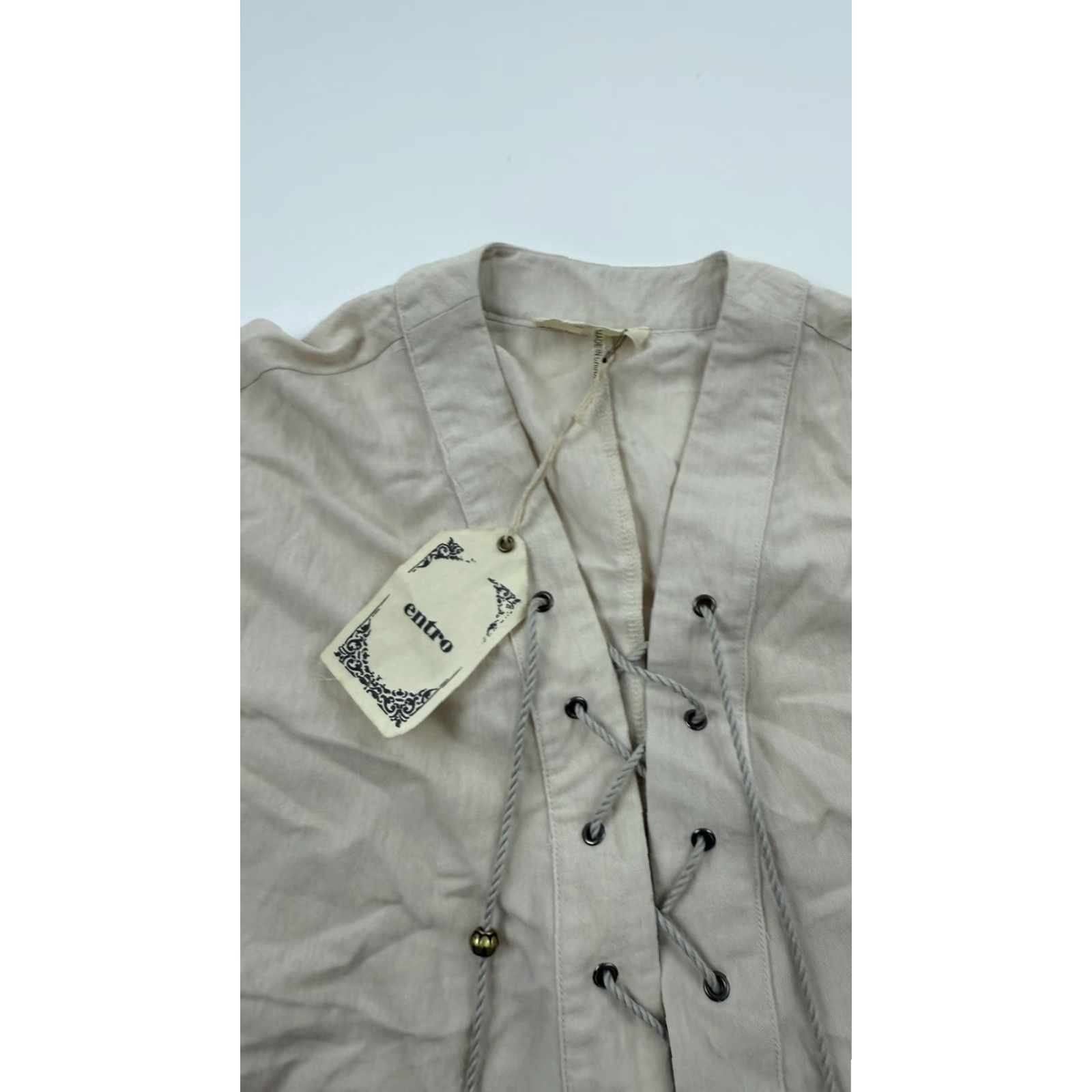 Vintage VINTAGE N/A Women's Blouse Shirt Large Beige Boho Tassel Lace Up V-Neck Cotton Tunic Summer Festival Size L / US 10 / IT 46 - 4 Thumbnail