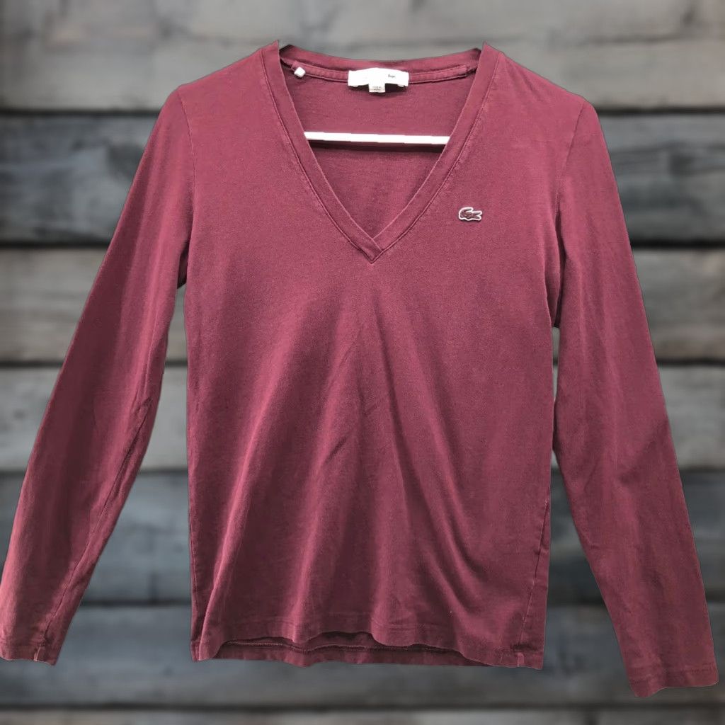 Lacoste Lacoste V-Neck Tee Womens S Burgundy Long Sleeve Cotton Logo T Shirt 100% Cotton Embroidered Crocodile Casual Slim Size XS / US 0-2 / IT 36-38 - 1 Thumbnail