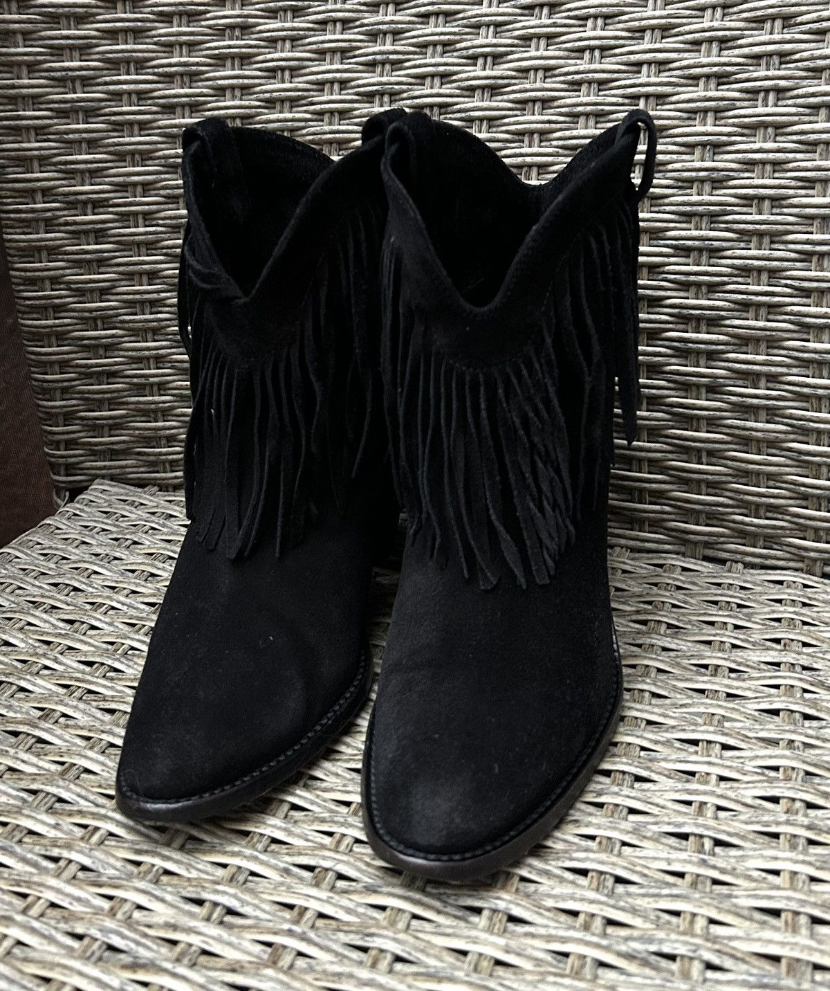 Saint Laurent Paris Black Suede Ankle Western Fringe Boots