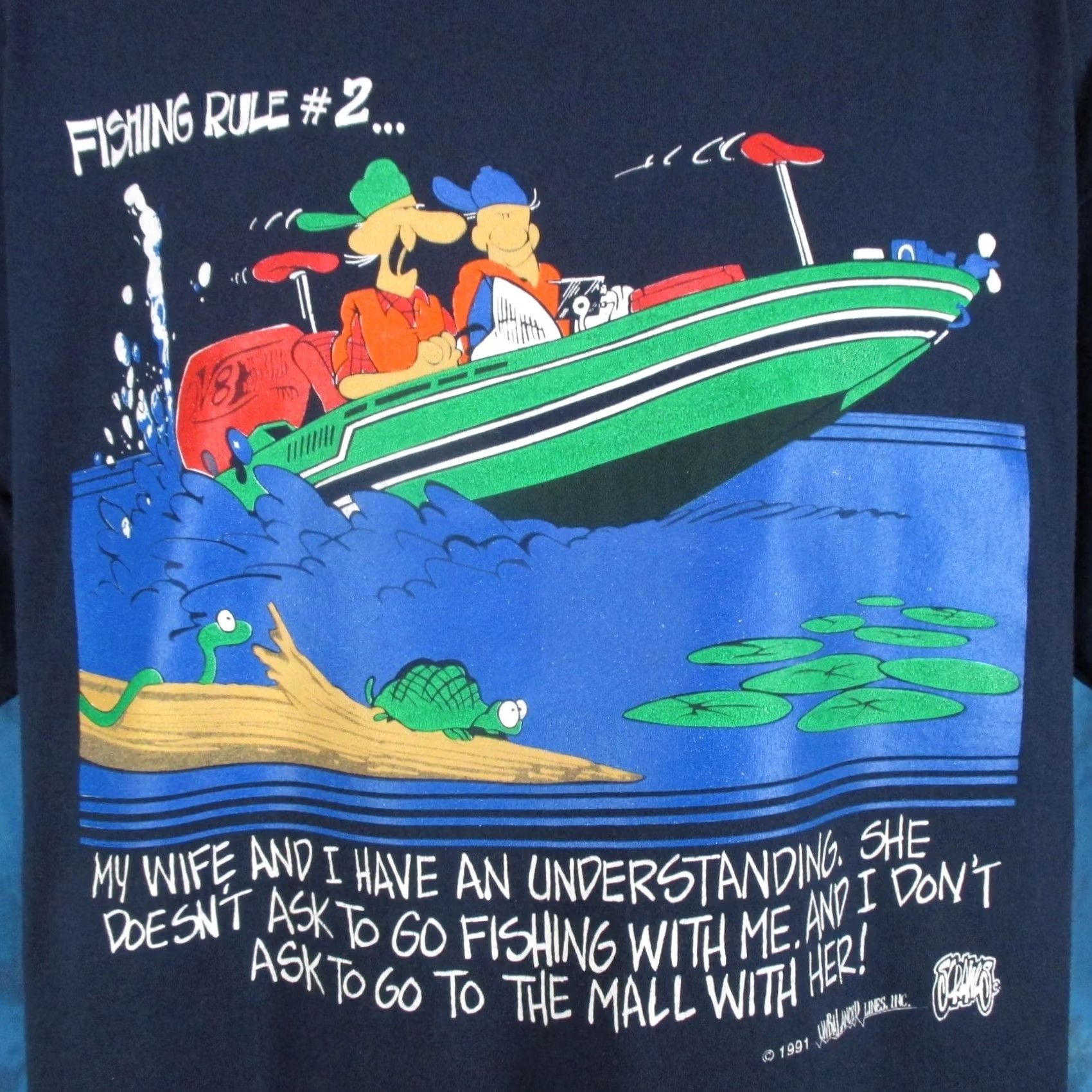 Vintage VINTAGE 90s FISHING WIFE JOKE T-Shirt XL UNBALANCED LINES CARTOON 80s Size US XL / EU 56 / 4 - 4 Thumbnail