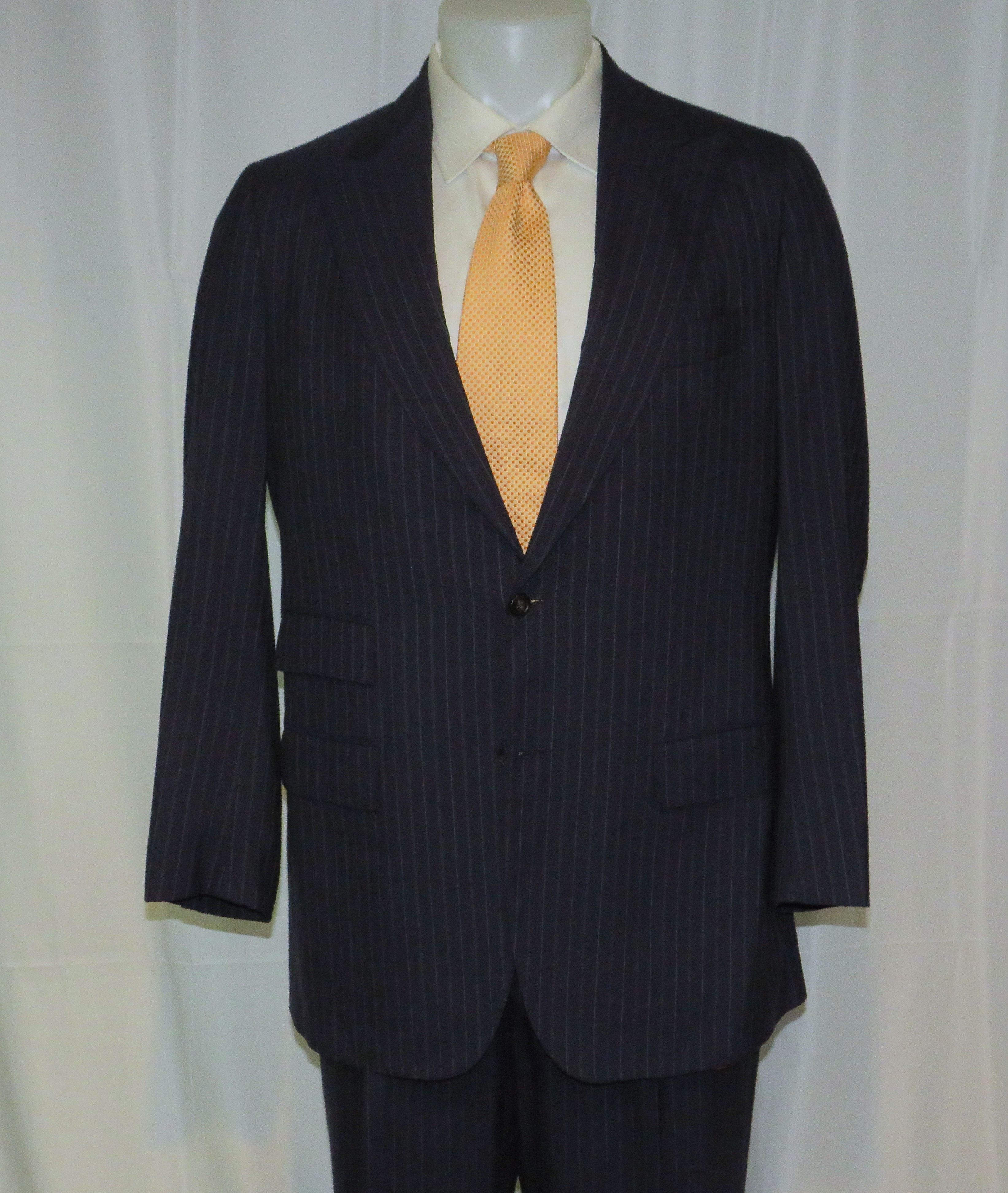 Kiton 100% Cashmere Navy Blue Striped Two Button Suit 43R Size 44R - 3 Thumbnail
