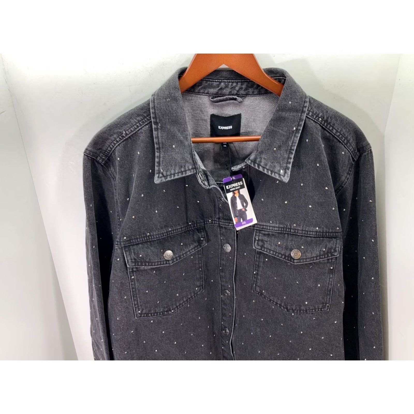 Express VINTAGE Express Jeans Denim Jacket Womens 2XL Black Snap Front Rhinestone Western NWT Size 40" / US 18 - 4 Thumbnail
