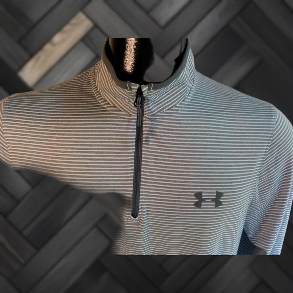Under Armour Under Armour 1/4 Zip Pullover Gray White Striped Cotton Blend SZ M Mens Activewear Long Sleeve Mock Neck Zip Size US M / EU 48-50 / 2 - 1 Thumbnail