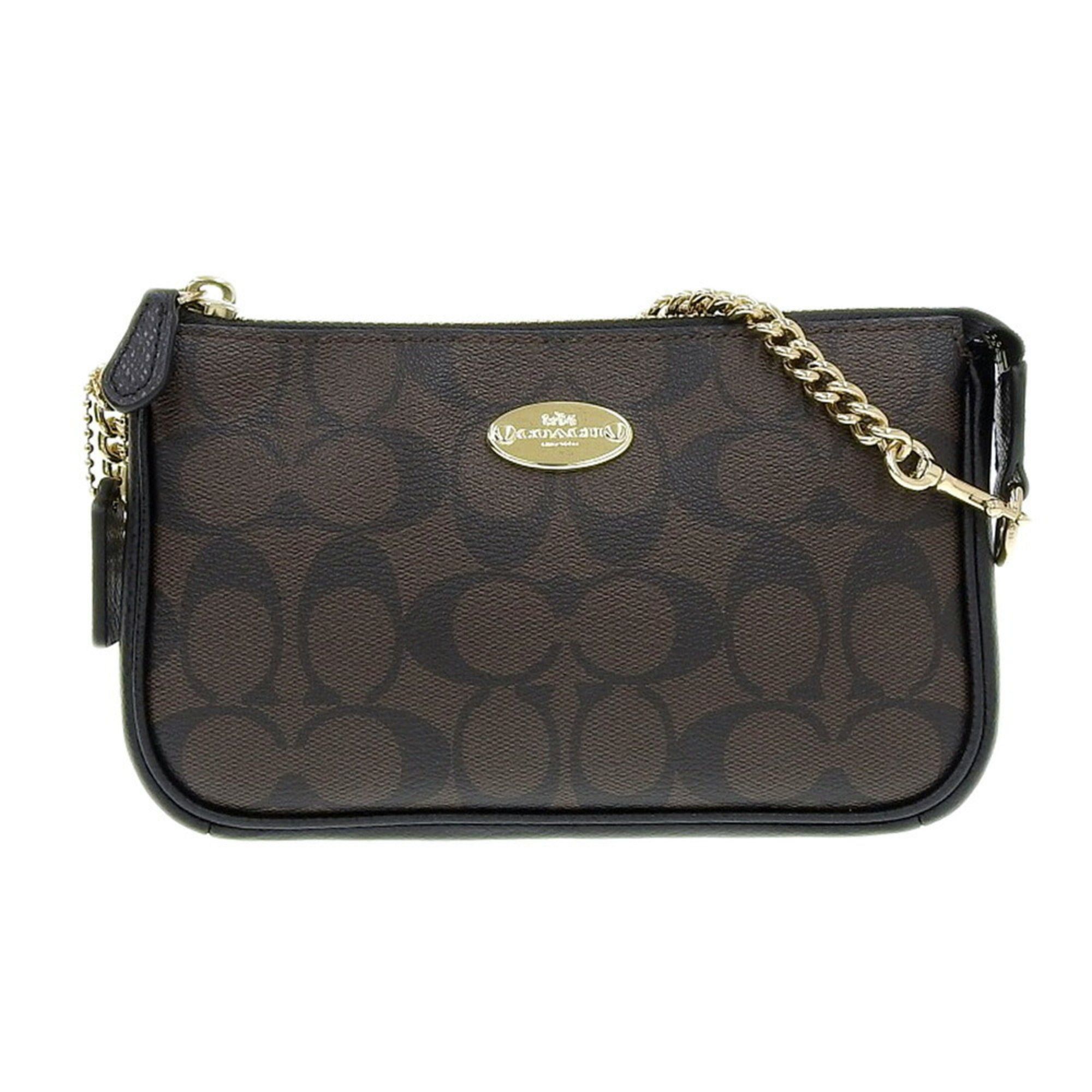 image of Coach Signature Handbag Pouch Pvc Leather Brown Black F64234 Logo, Women's