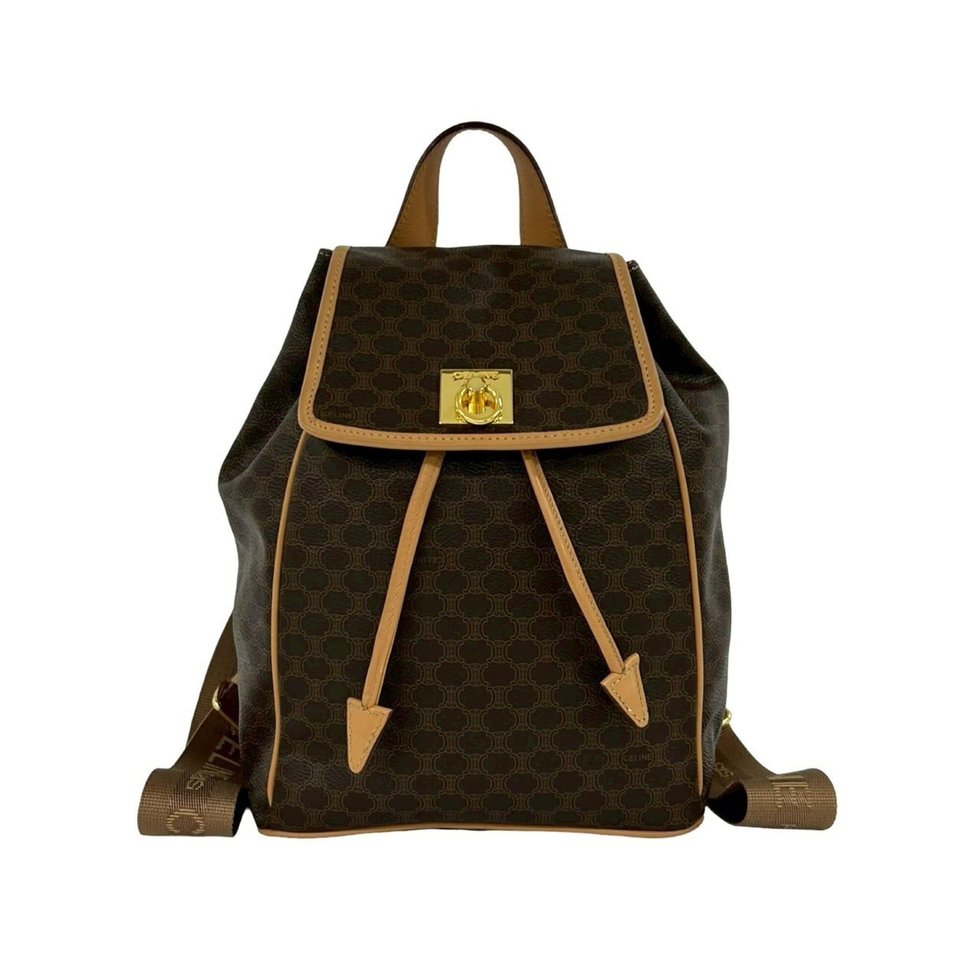 Celine CELINE Vintage Macadam Blazon Triomphe Pattern Logo Ring Hardware Leather Backpack Brown 38566 Size ONE SIZE - 1 Thumbnail
