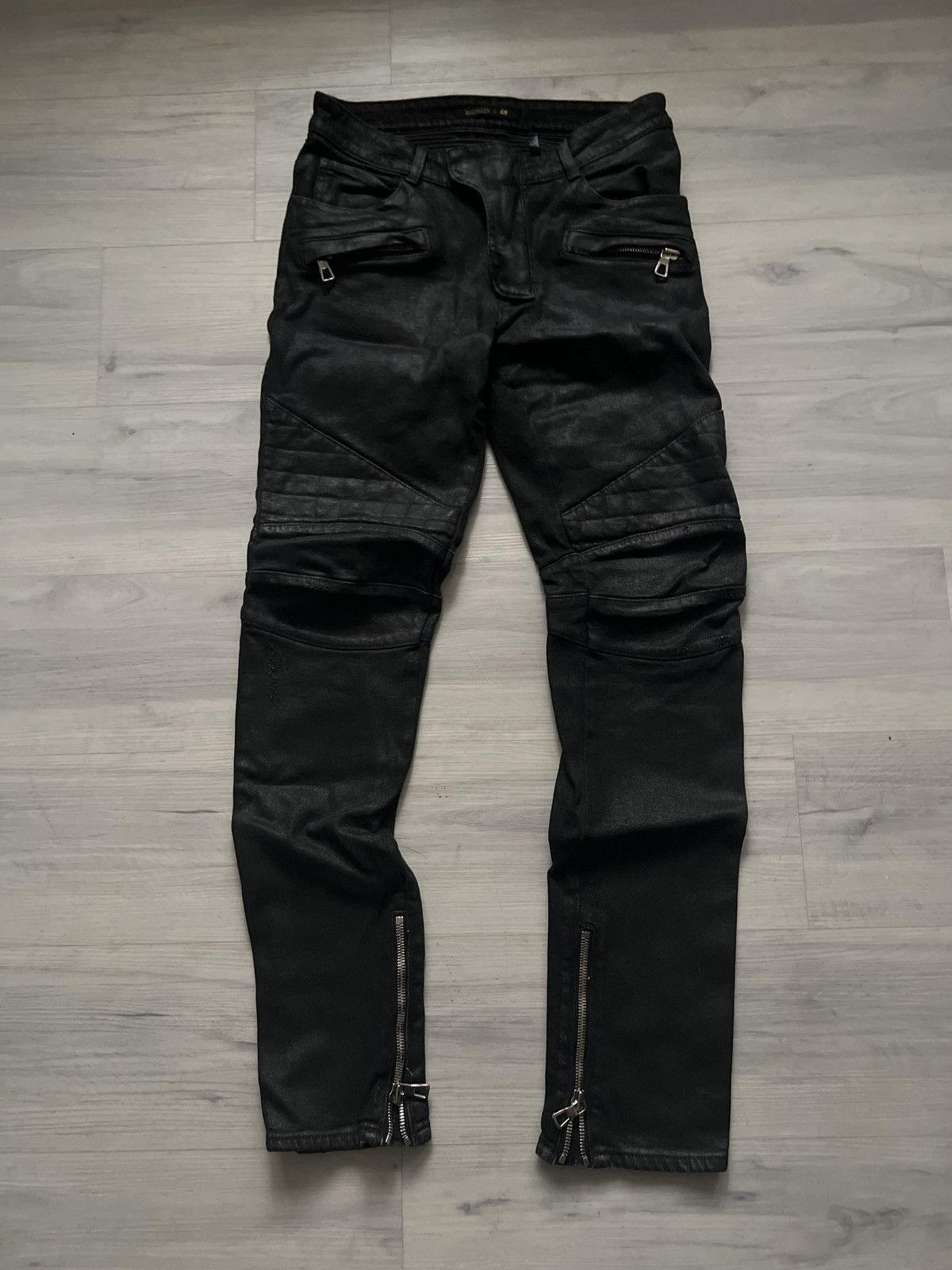 Balmain Balmain black waxed cotton biker jeans Christoph Decarnin