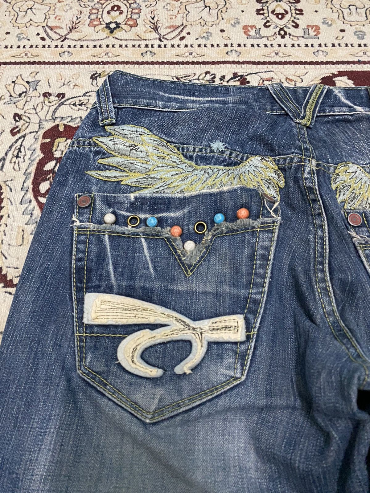Japanese Brand X Red pepper distressed flare jeans