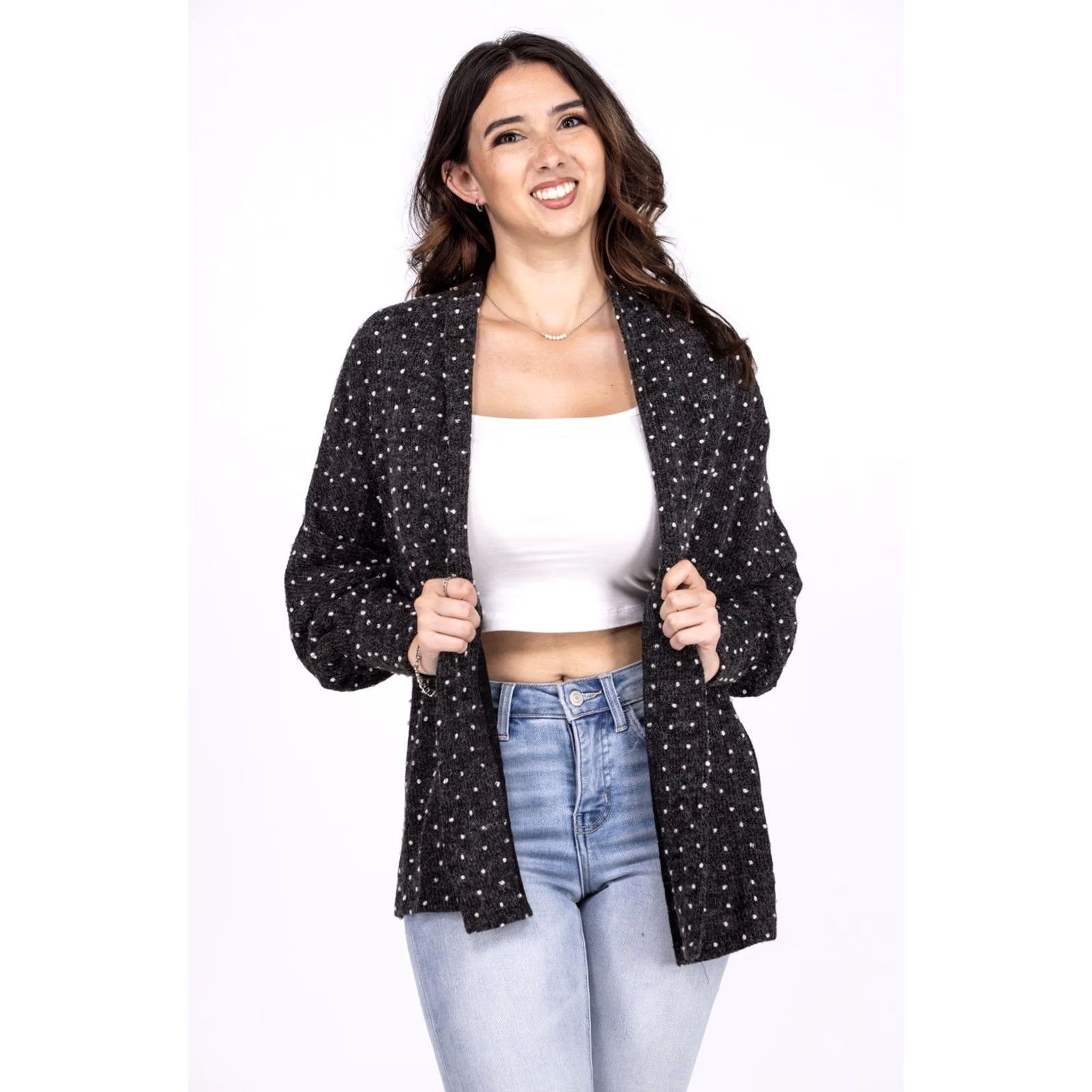 Vintage Andree By Unit Women Charcoal Gray Textured Dot Pom Pom Open Front Cardigan Sweater L Size L / US 10 / IT 46 - 4 Thumbnail