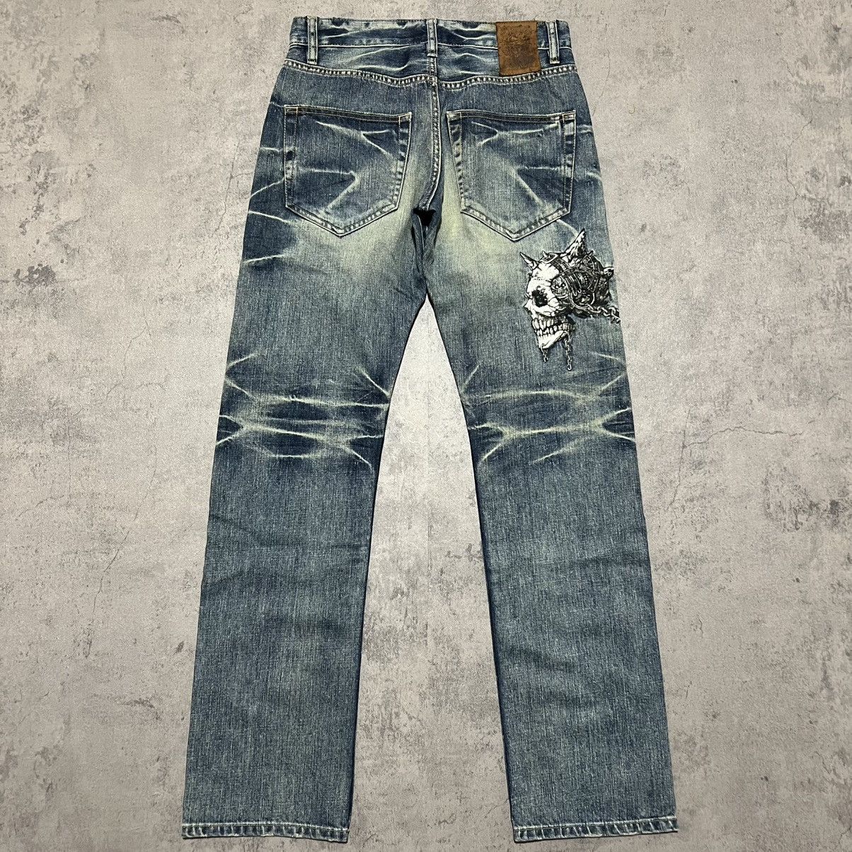 Japanese Brand Nippon Blue Jizo Bosatsu Skull Embroidery Whiskered Jeans Size US 30 / EU 46 - 6 Thumbnail