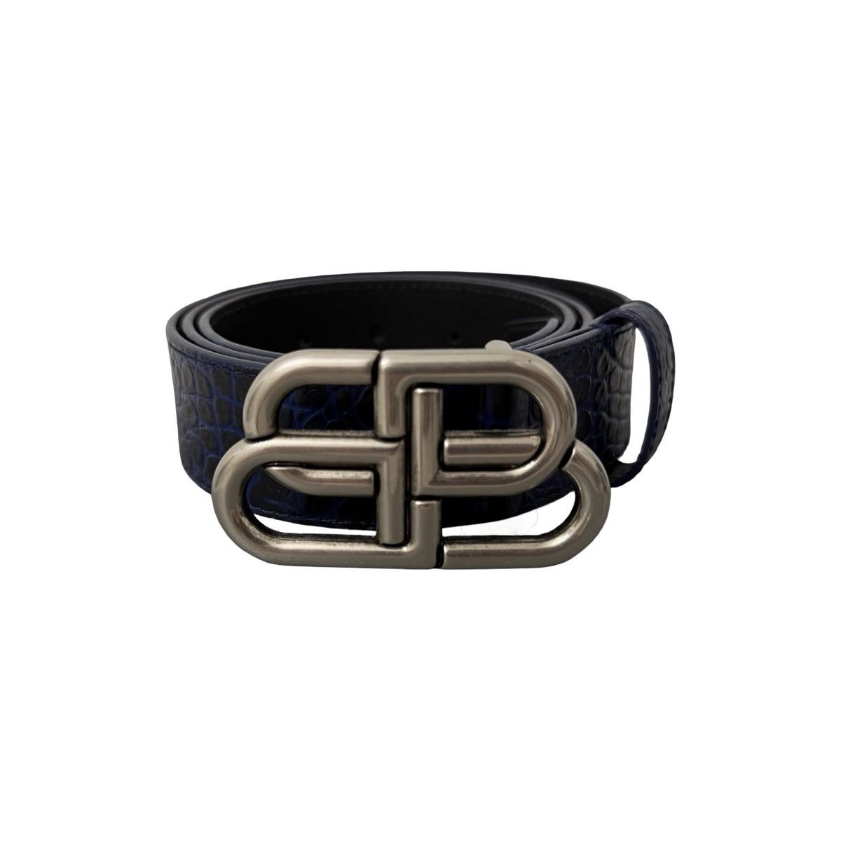 Balenciaga Balenciaga Crocodile BB Logo Leather Belt Blue Silver