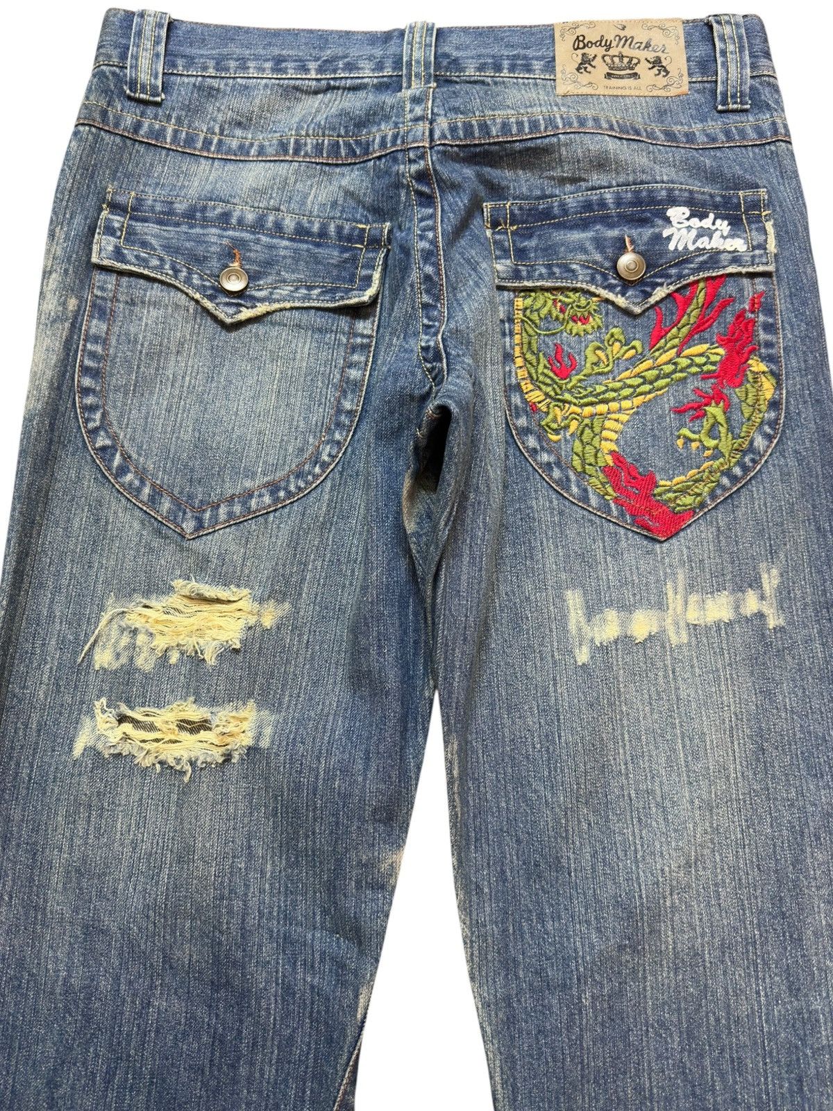 Karakuri Tamashii Vintage Body Maker Flare Mudwash Dragon Embroidery Denim Size US 33 - 7 Thumbnail