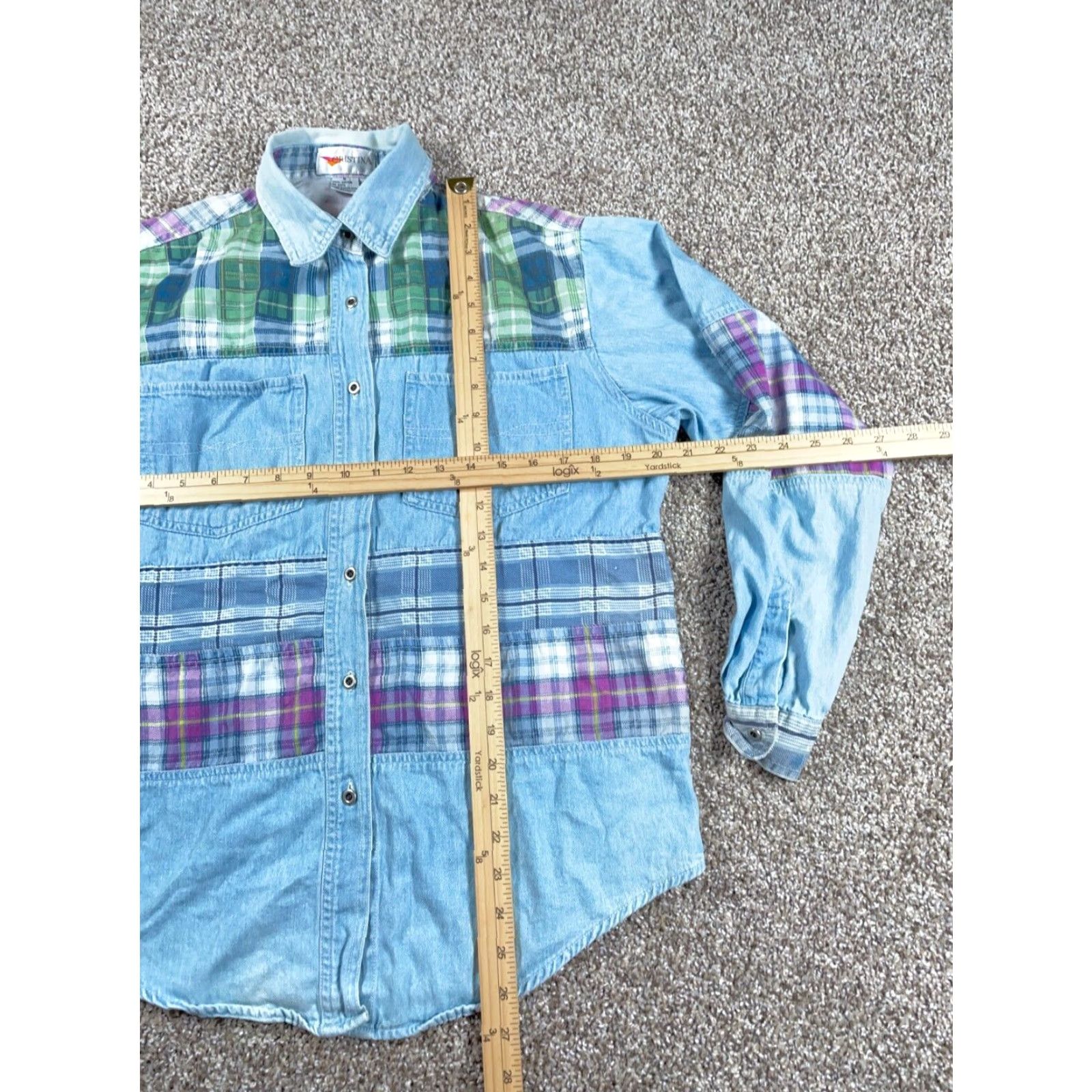 Vintage VINTAGE 90s Cristina Denim Plaid Patchwork Shirt Women's Medium Light Blue Casual Long Sleeve Button-Up Size L / US 10 / IT 46 - 6 Thumbnail