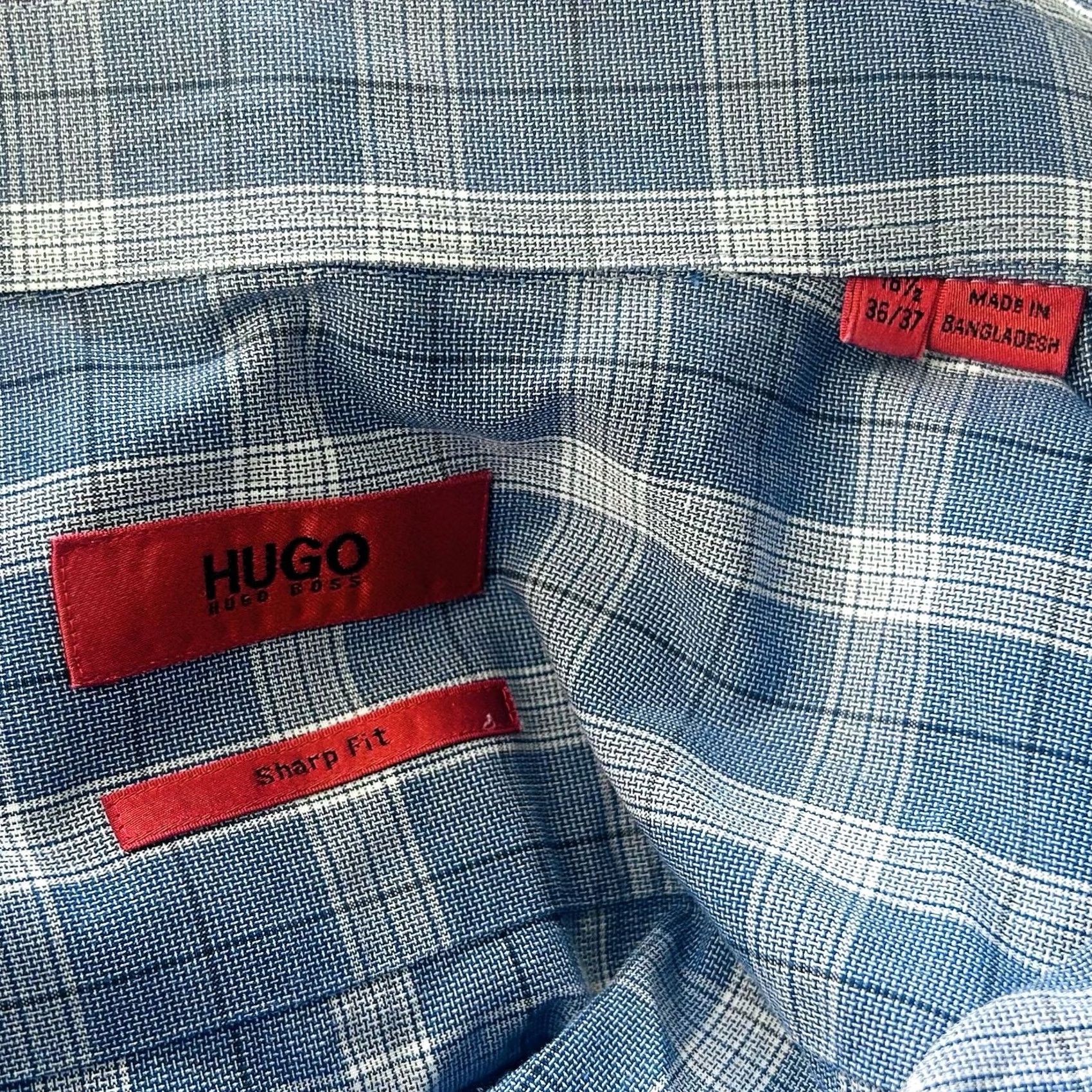Hugo Boss HUGO BOSS Dress Shirt Blue White Plaid 16.5 36/37 Sharp Fit 100% Cotton Formal Casual Mens Regular Slim Collar Spread Barrel Cuff Size 46R - 3 Thumbnail