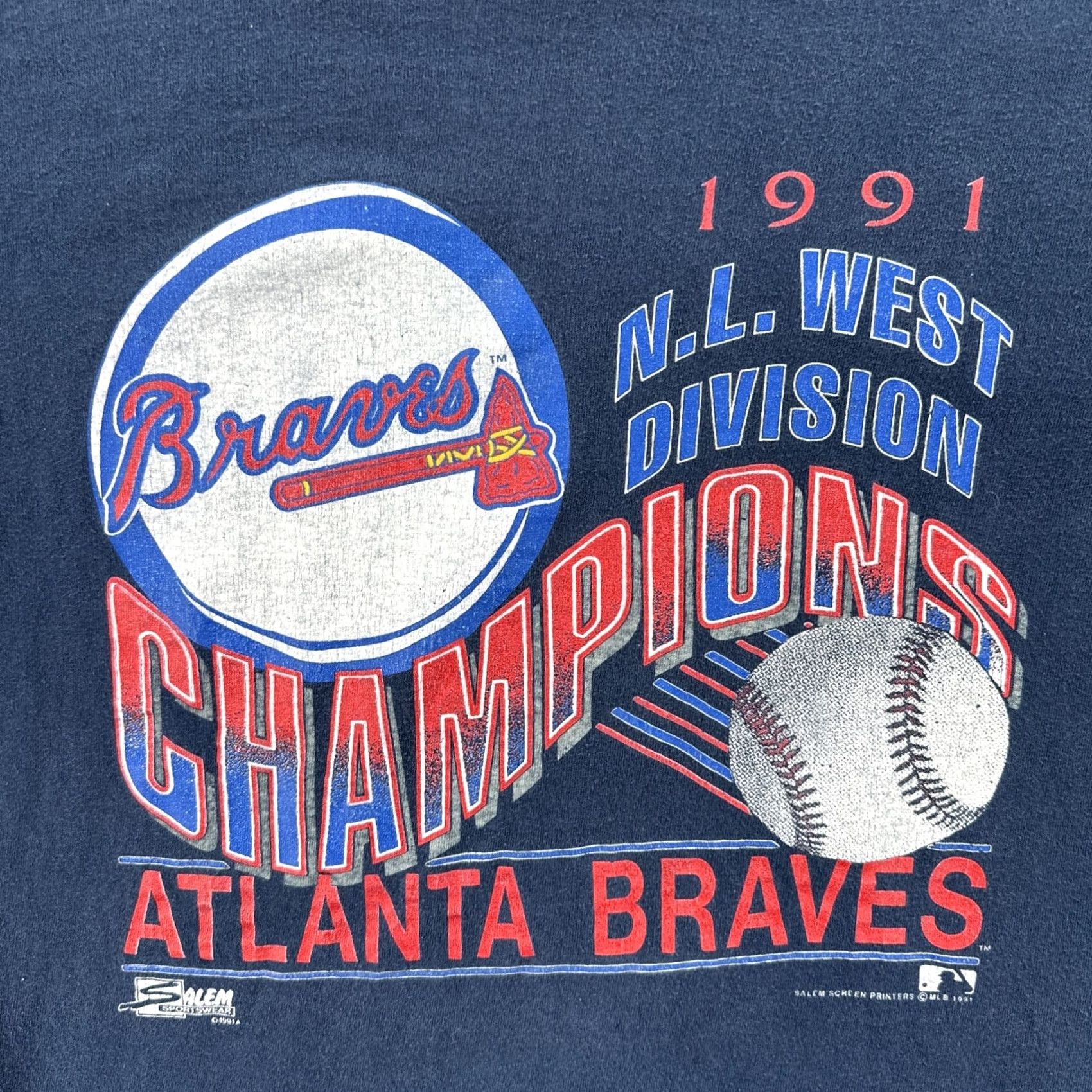 Salem Sportswear VINTAGE Salem Sportswear Mens Medium Blue T Shirt 1991 Atlanta Braves Champions Shirt Mens M Blue 90s USA Baseball Size US M / EU 48-50 / 2 - 6 Thumbnail