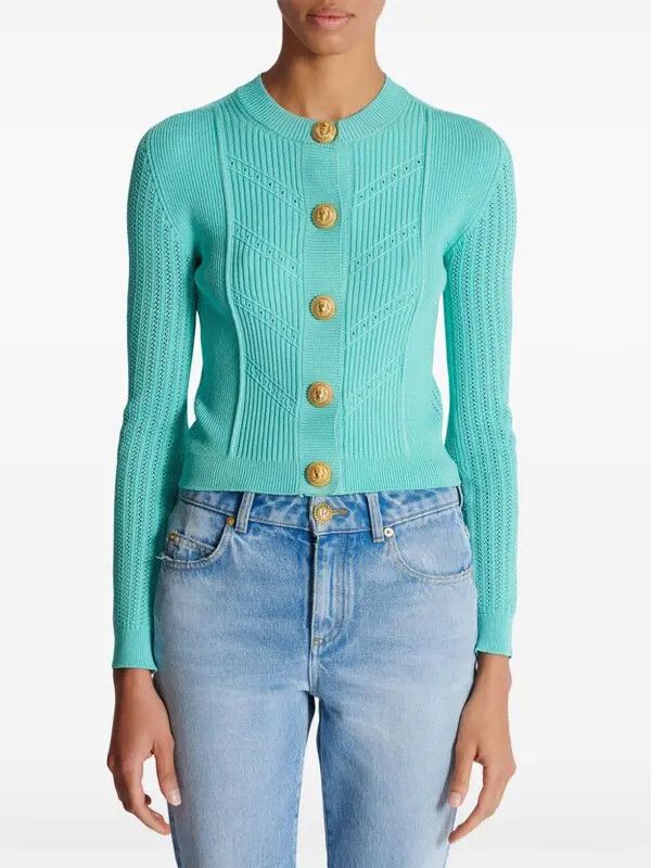 Balmain o1s1wg110725 Embossed Buttons Cardigan in Teal Blue Size M / US 6-8 / IT 42-44 - 5 Thumbnail