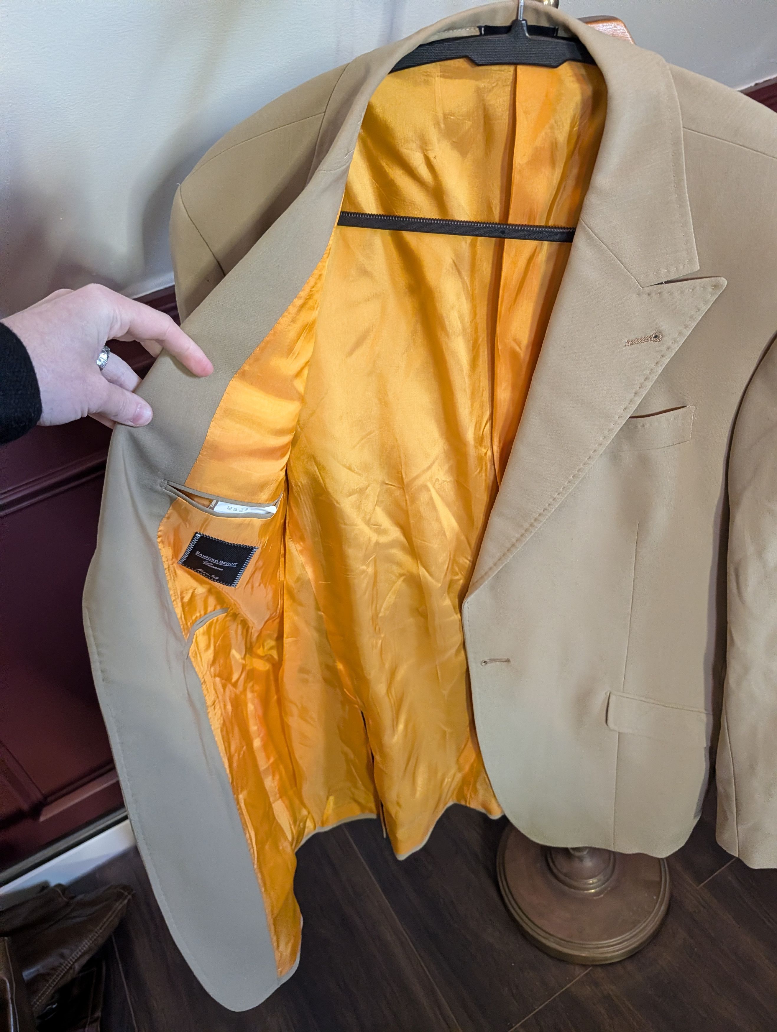 Handmade SANFORD BRYANT bespoke peak lapel high twist tan jkt Size 40R - 9 Thumbnail