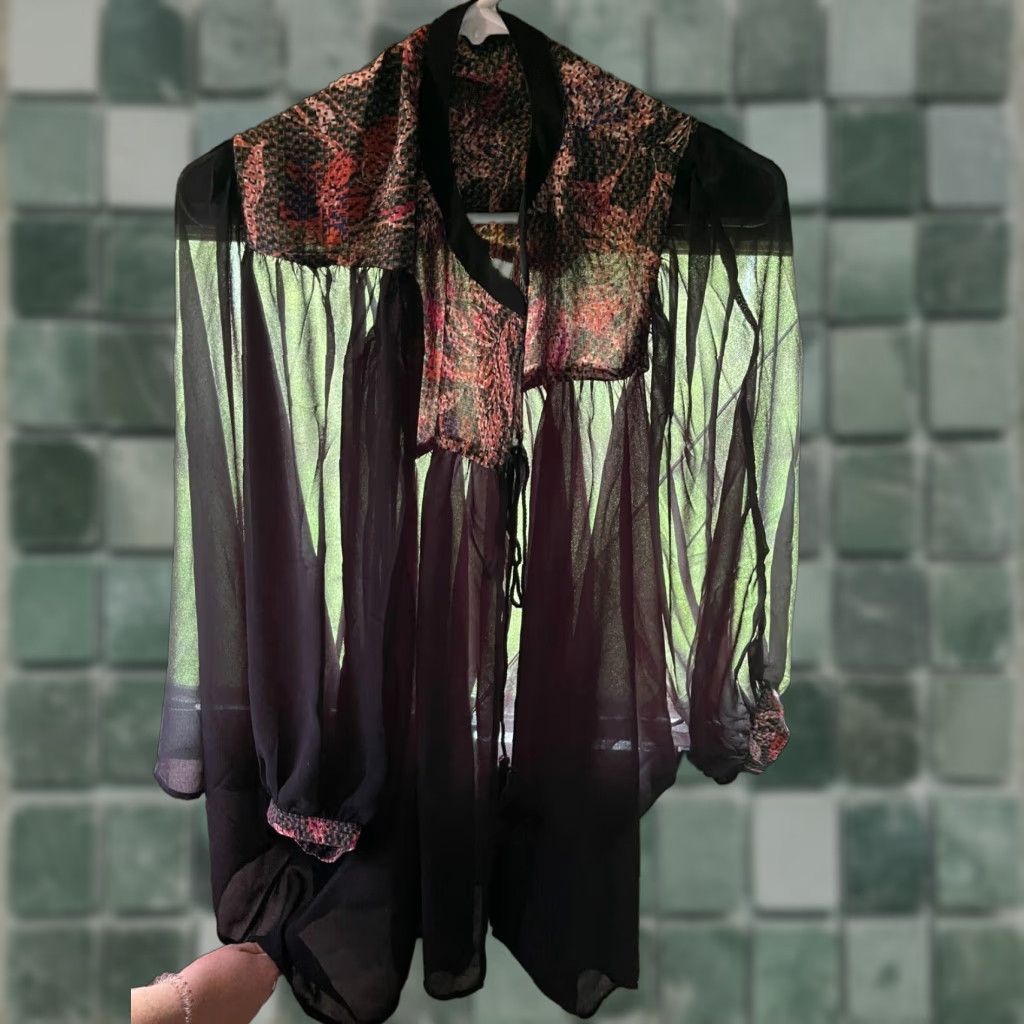 Vintage Easel Top Womens S Black Sheer Coverup Tie Front Blouse Tunic Shirt Knit Casual Sleeve Size S / US 4 / IT 40 - 1 Thumbnail