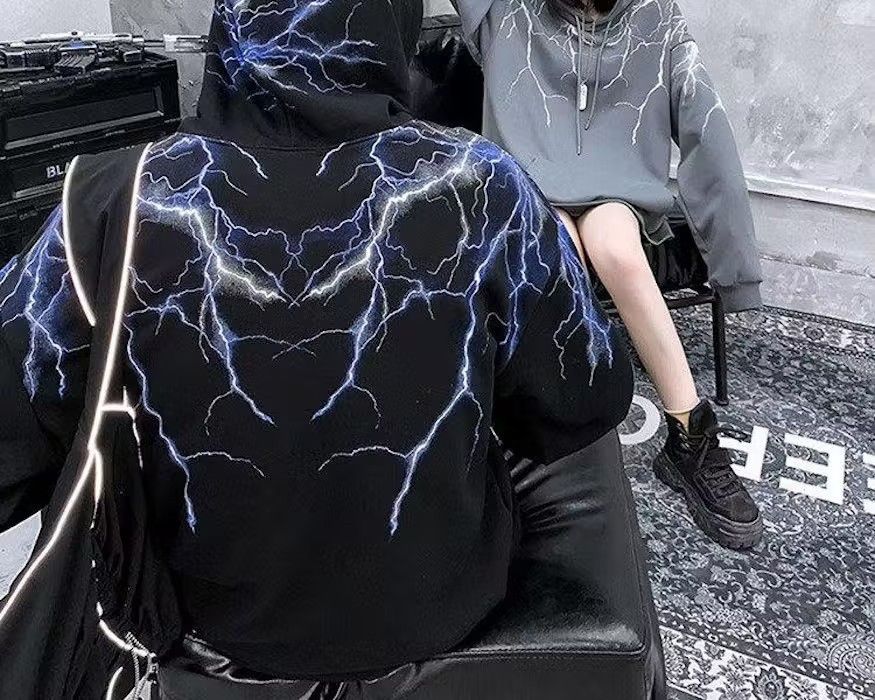 image of Vintage Streetwear Graphic Hoodie Lighting, Unisex in Black, Men's (Size Medium)