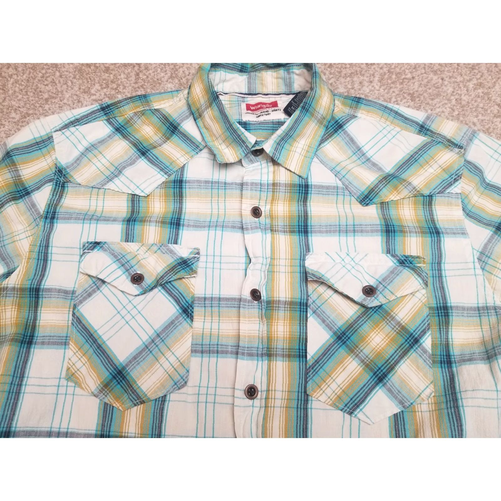 Wrangler Wrangler Men Shirt Medium Blue Plaid Long Sleeve Button-Up Cowboy Performance Blend Western Casual Size US M / EU 48-50 / 2 - 2 Thumbnail