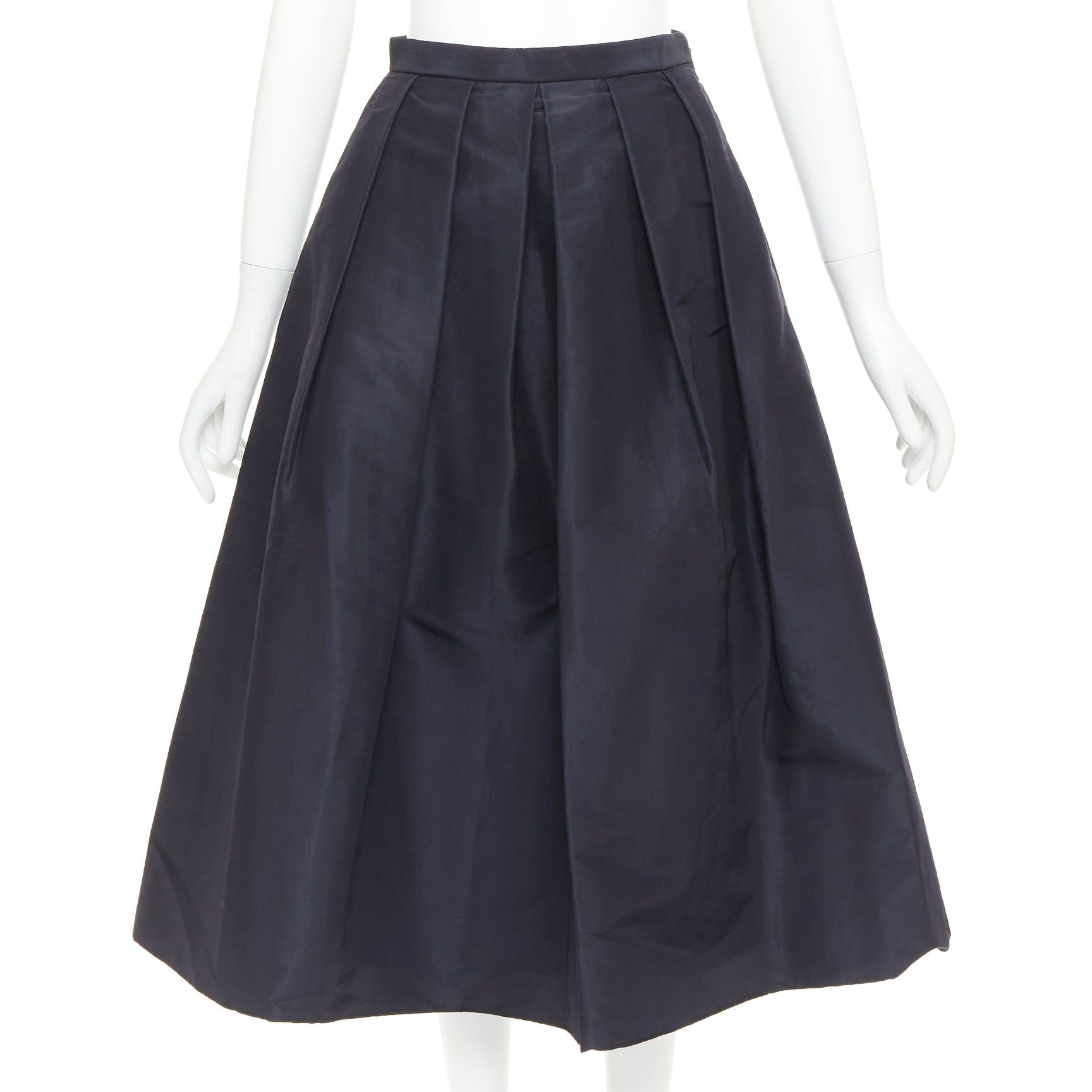 Tibi TIBI navy 100% silk satin crepe box pleated flared tea length midi skirt US0 XS Size 26" / US 2 / IT 38 - 1 Thumbnail