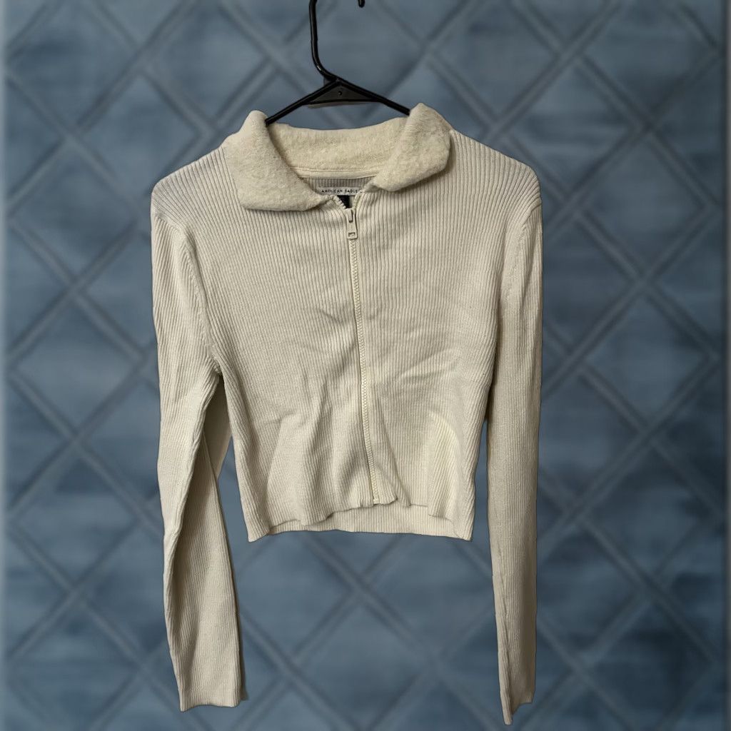 Vintage VINTAGE American Eagle Women's Sweater Full Zip Mock Neck Fur Ivory Size L Size L / US 10 / IT 46 - 1 Thumbnail