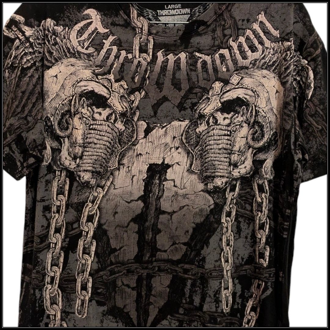 Affliction THROWDOWN Warriors Face Off T-shirt Skulls Y2K Cyber Grunge Size US L / EU 52-54 / 3 - 1 Thumbnail