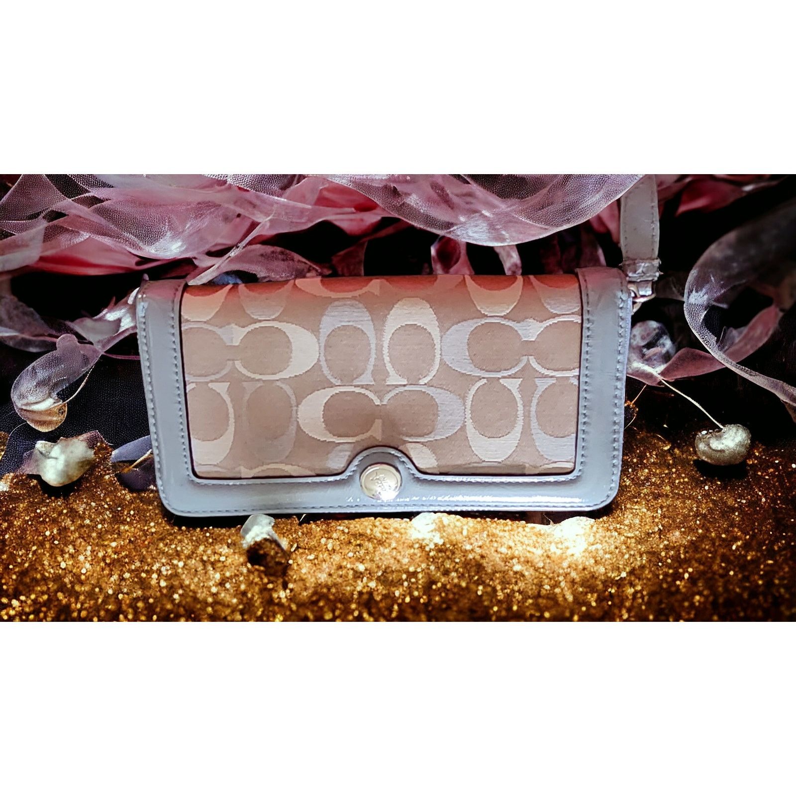 Coach jacquard patent leather zip style clutch wallet