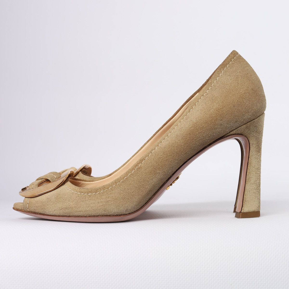 Prada Prada Beige Suede Peep-toe Pumps gold-tone Buckle Block Heel Size US 6.5 / IT 36.5 - 2 Thumbnail